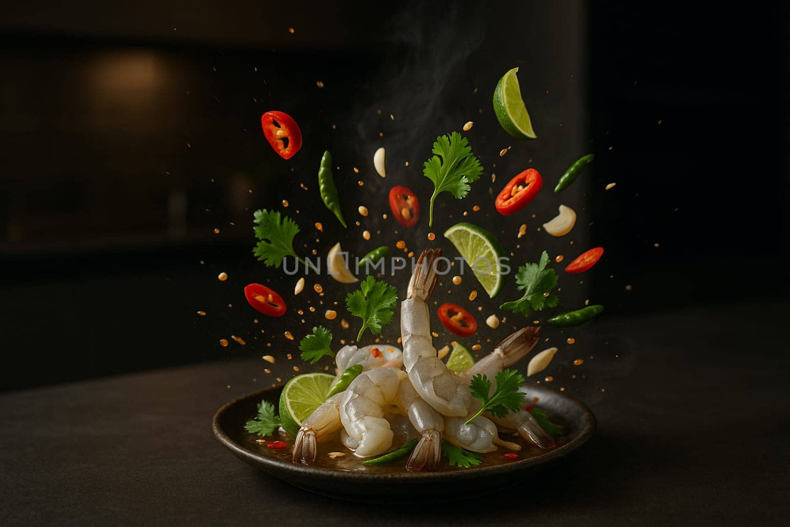 AI generated image of raw shrimp in fish sauce with herbs and spices floating in dramatic lighting over a dark modern kitchen scene