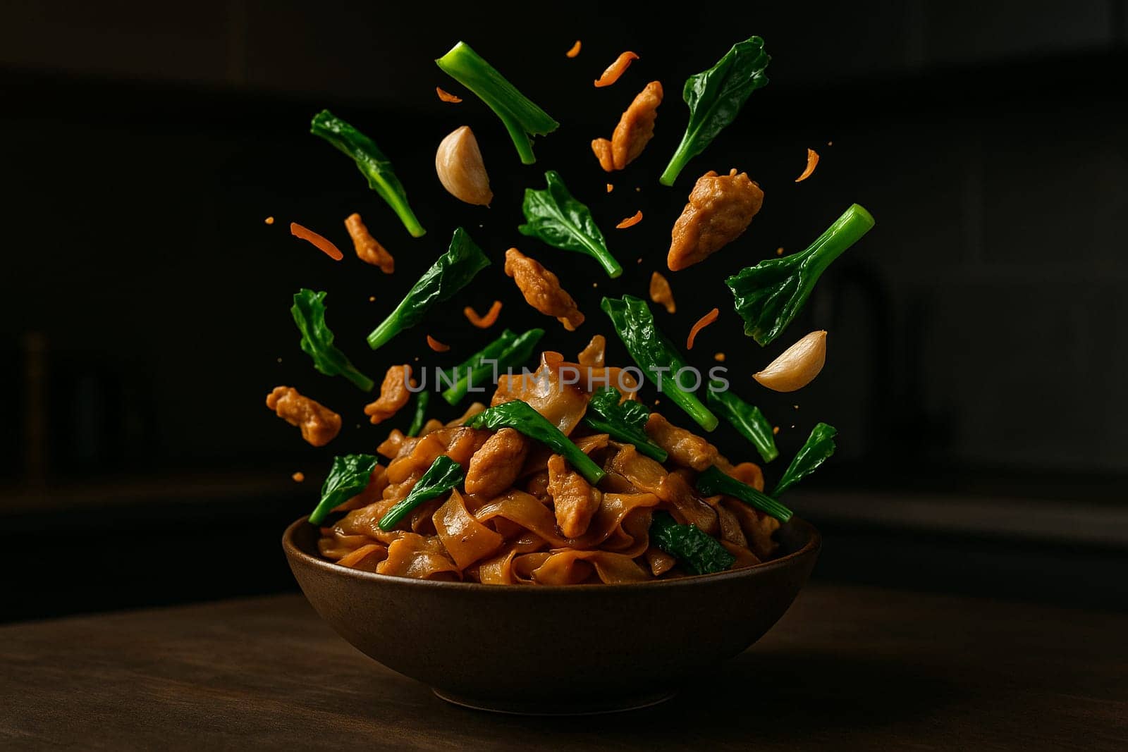 AI generated image of Pad See Ew with stir fry ingredients bursting in air in a dark moody kitchen scene for culinary commercial and editorial use