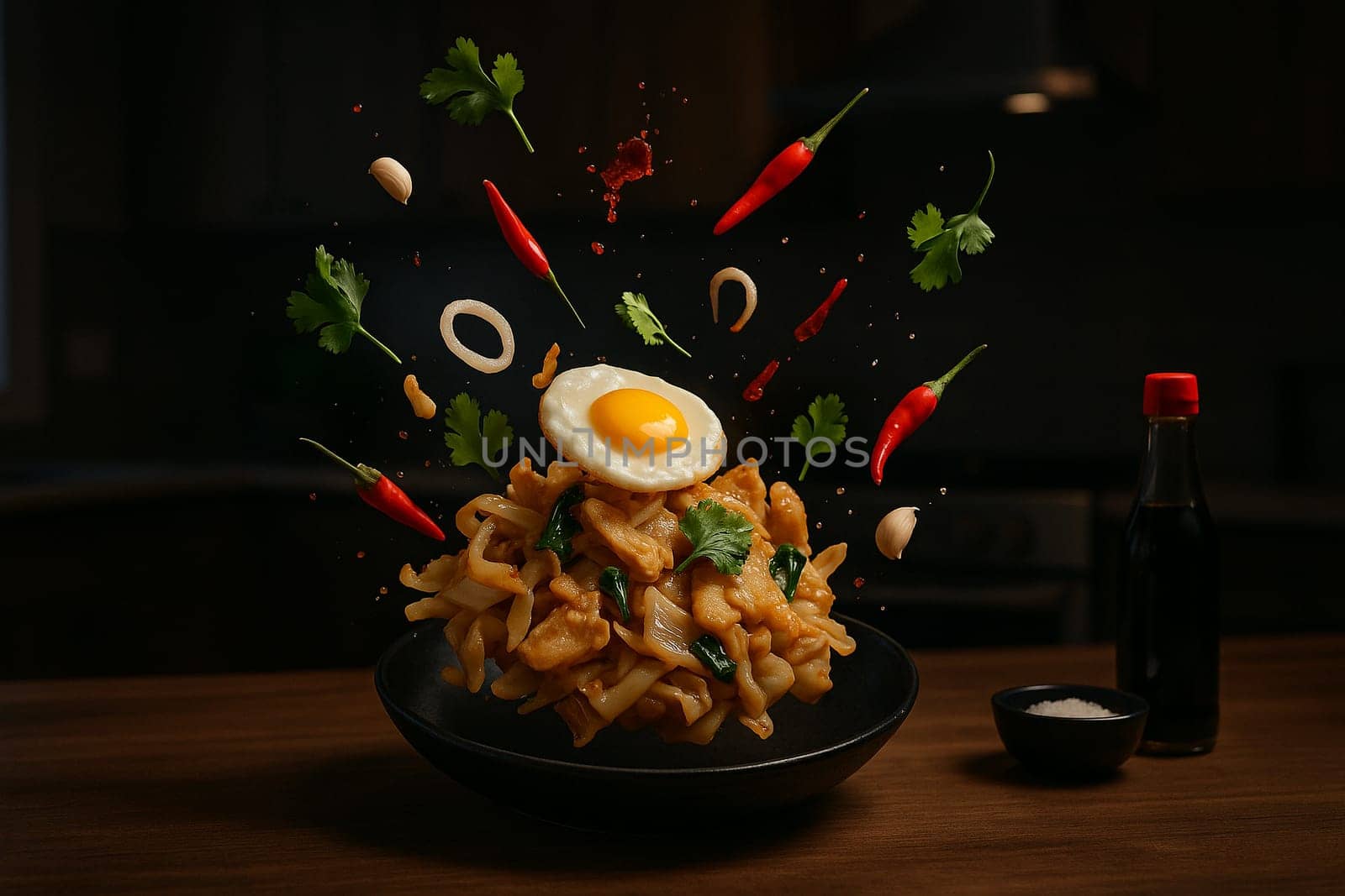 AI generated Thai stir fried chicken noodles exploding with ingredients in a dramatic low light kitchen scene focused on flavor and modern culinary design