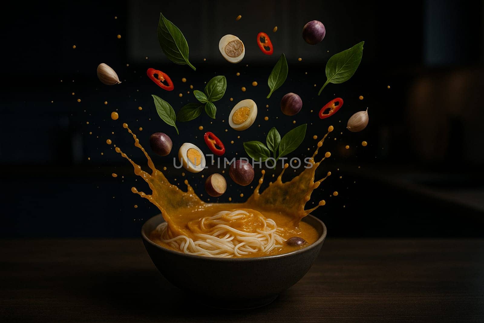 AI generated Thai rice noodle curry with flying herbs chili and ingredients in low light modern kitchen with dark blurred background