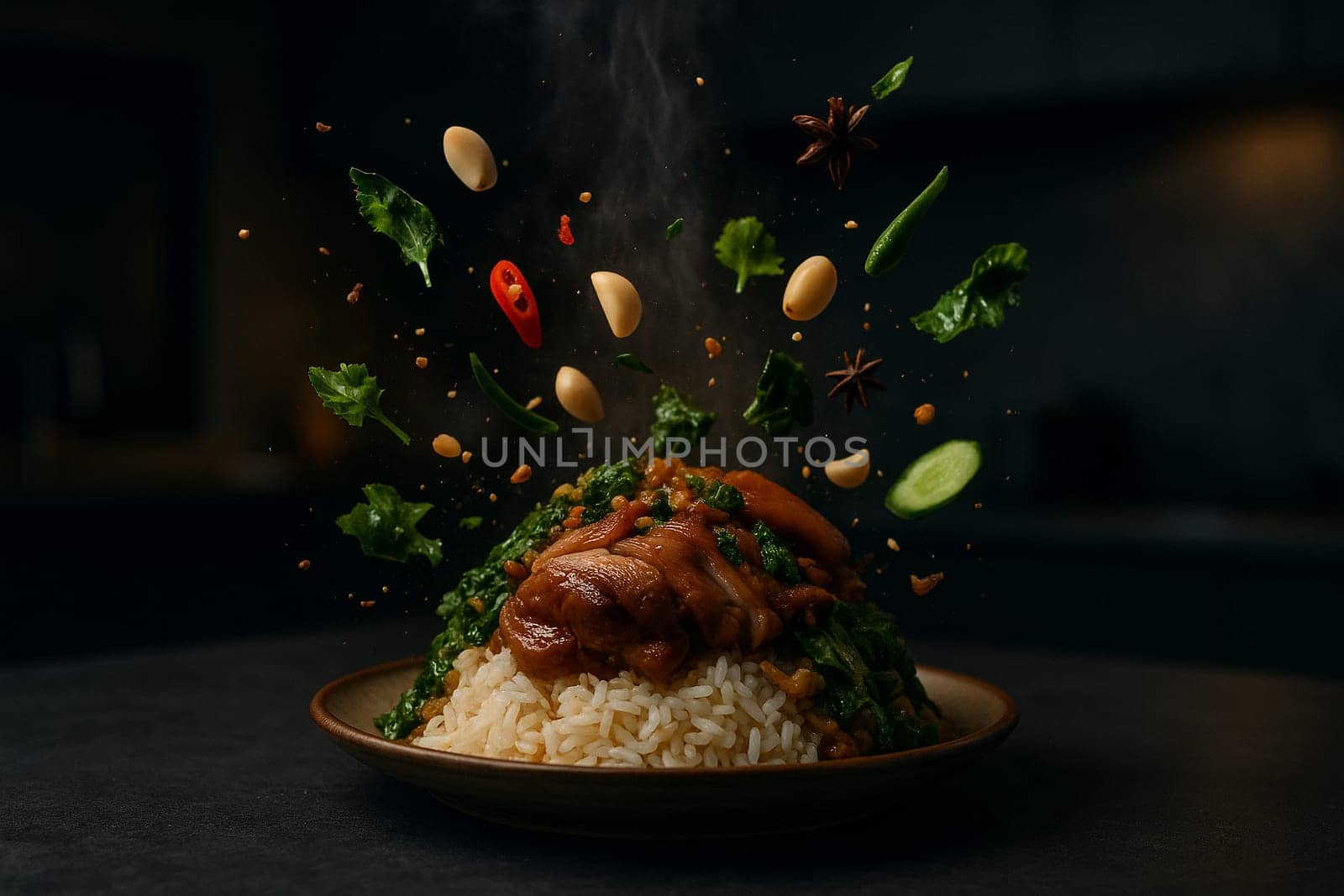 AI generated image of Thai pork leg over rice with herbs garlic and spices flying through the air in a dark moody modern kitchen