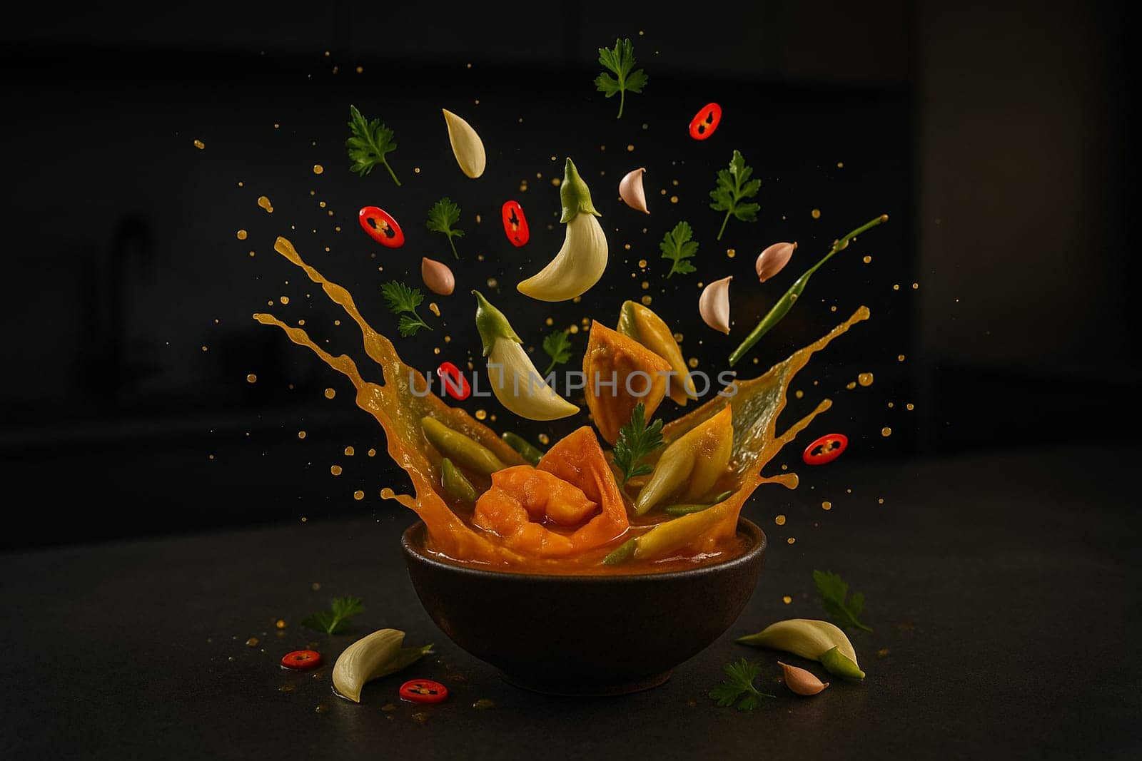 AI generated Thai sour curry with sesbania flowers and herbs exploding mid air in a low light modern kitchen capturing vibrant textures and motion for culinary storytelling