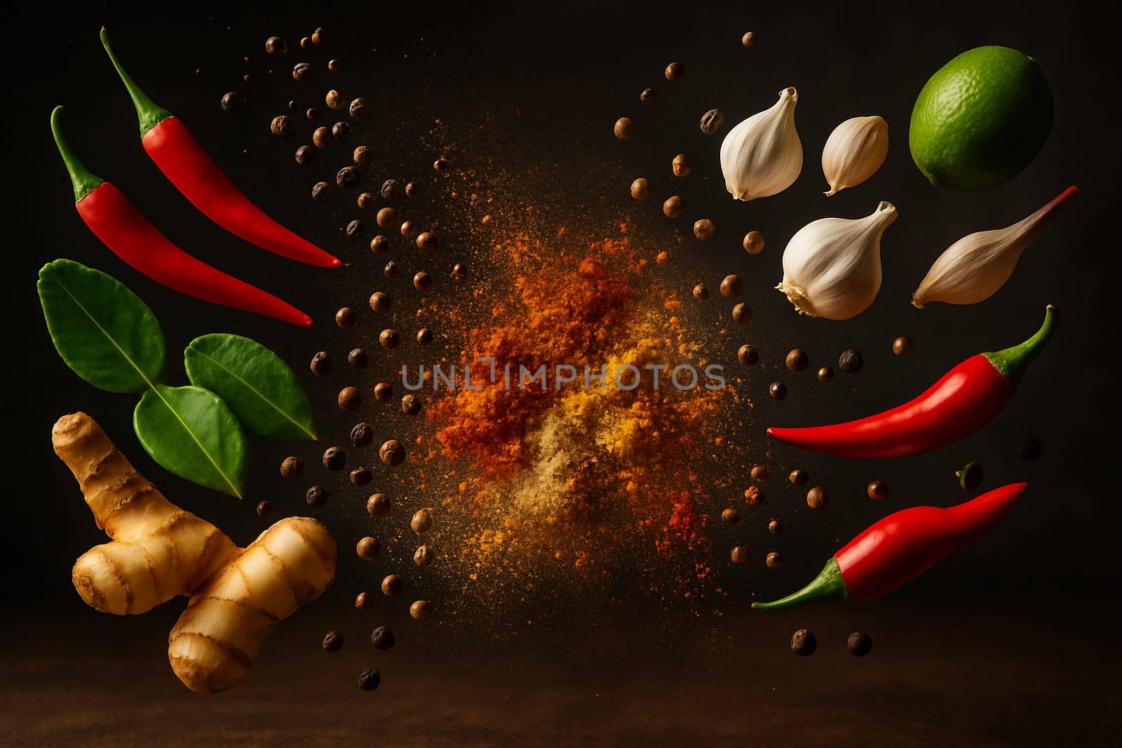 AI generated image of vibrant Thai spices flying inward in dramatic lighting with dark blurry background suitable for food concepts marketing and creative culinary branding