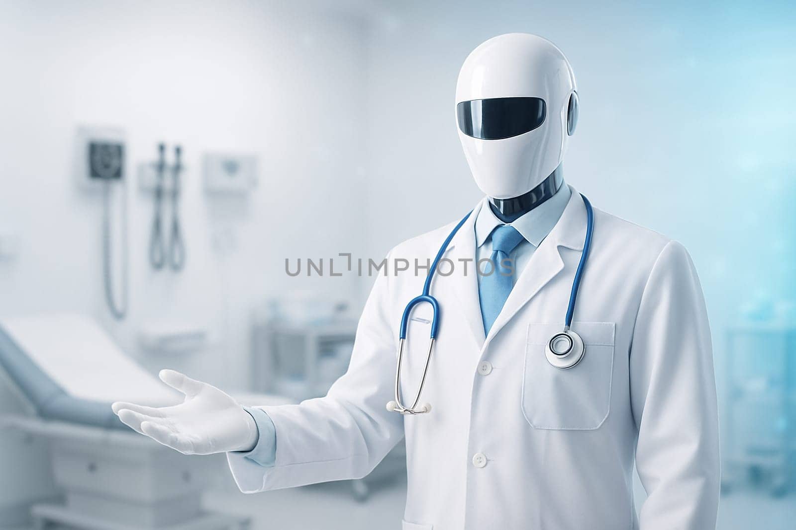 AI generated image of a glossy humanoid robot doctor invitingly gesturing in a bright futuristic hospital exam room with clean lighting and digital sci-fi ambiance
