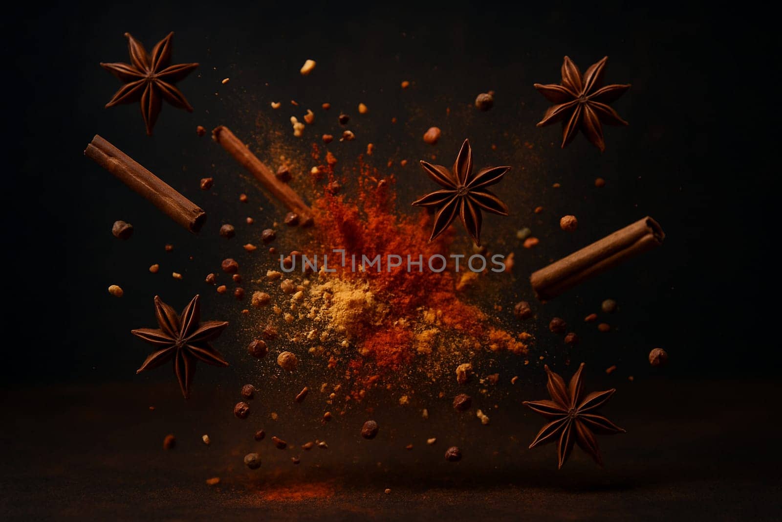AI generated image of vibrant Chinese spices flying inward with dark moody background spotlight at center for culinary branding and food concept