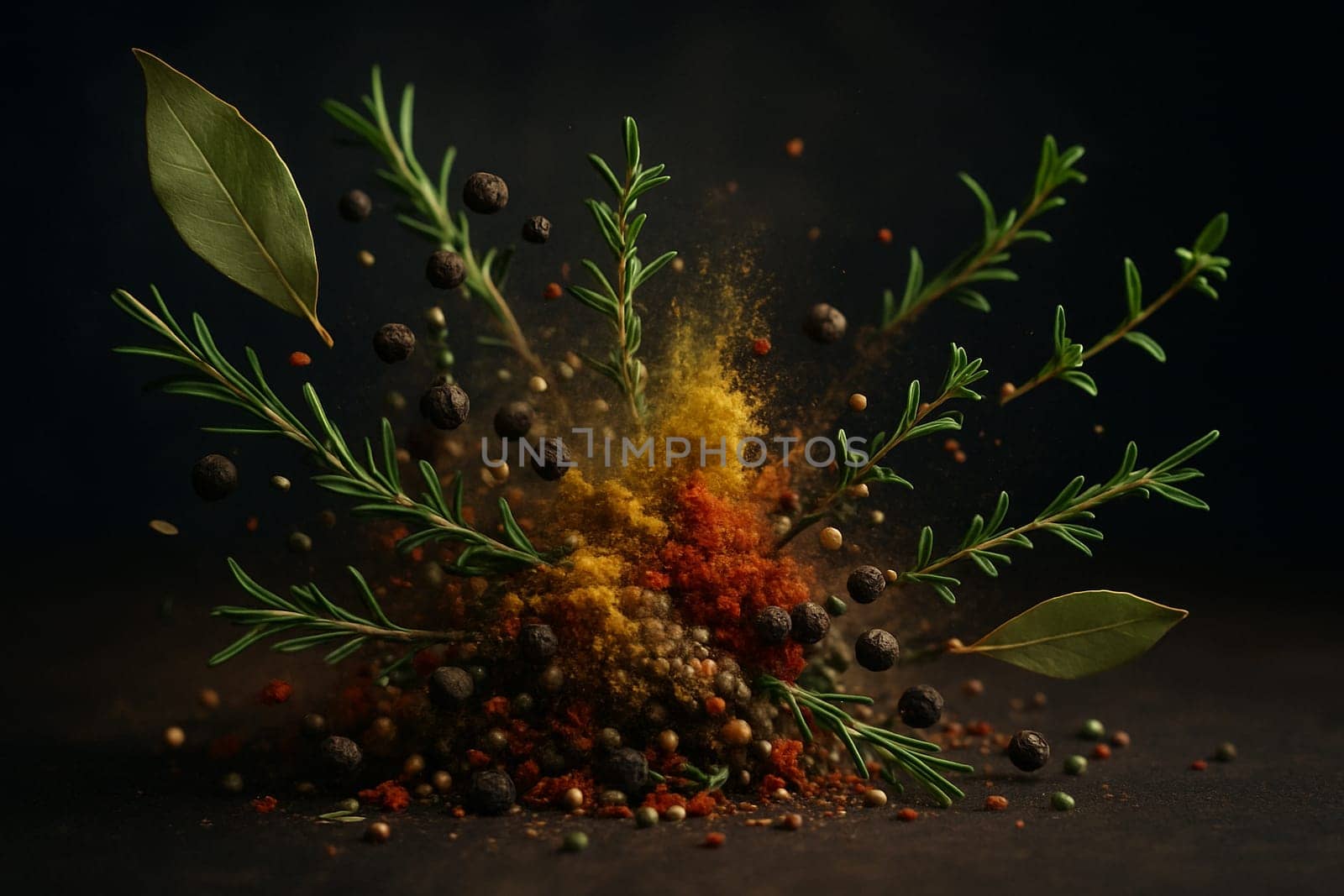 AI generated image of dynamic flying European spices converging at center with dark moody background for culinary marketing design