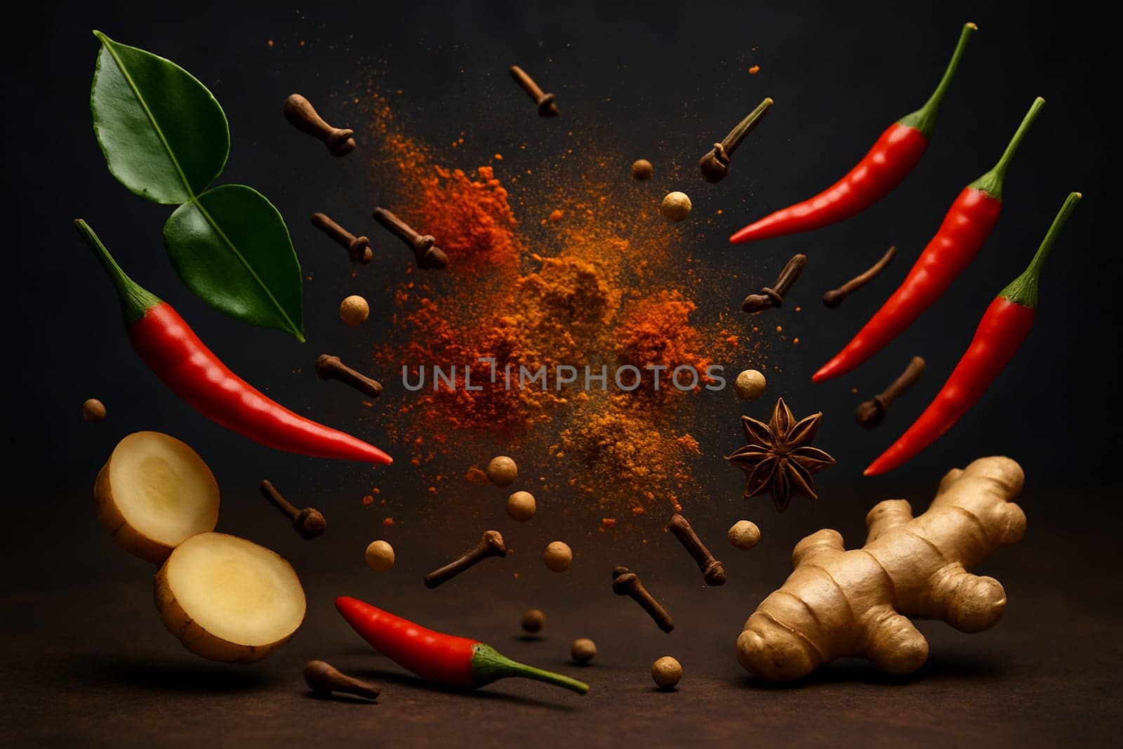 AI generated image of vibrant Thai spices flying inward in dramatic lighting with dark blurry background suitable for food concepts marketing and creative culinary branding