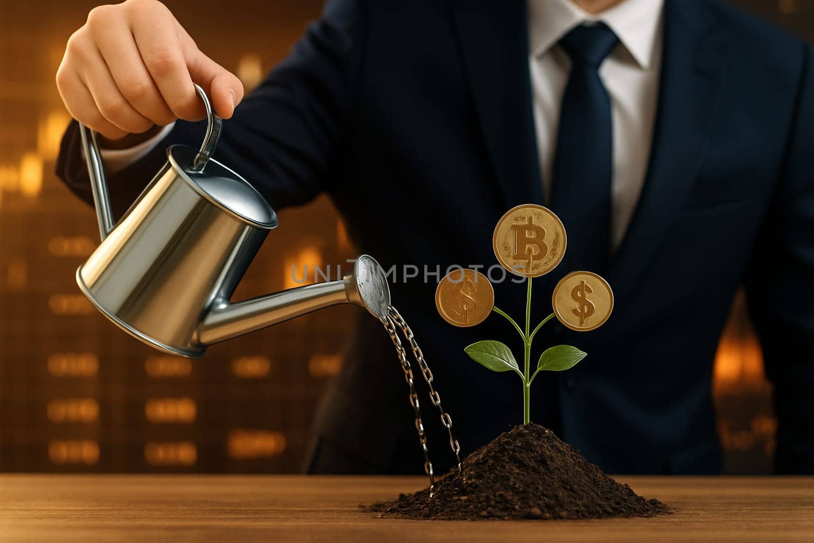 AI generated image of a businessman in suit watering a plant with coins as leaves representing bitcoin dollar and gold with a stock market background and futuristic golden digital light