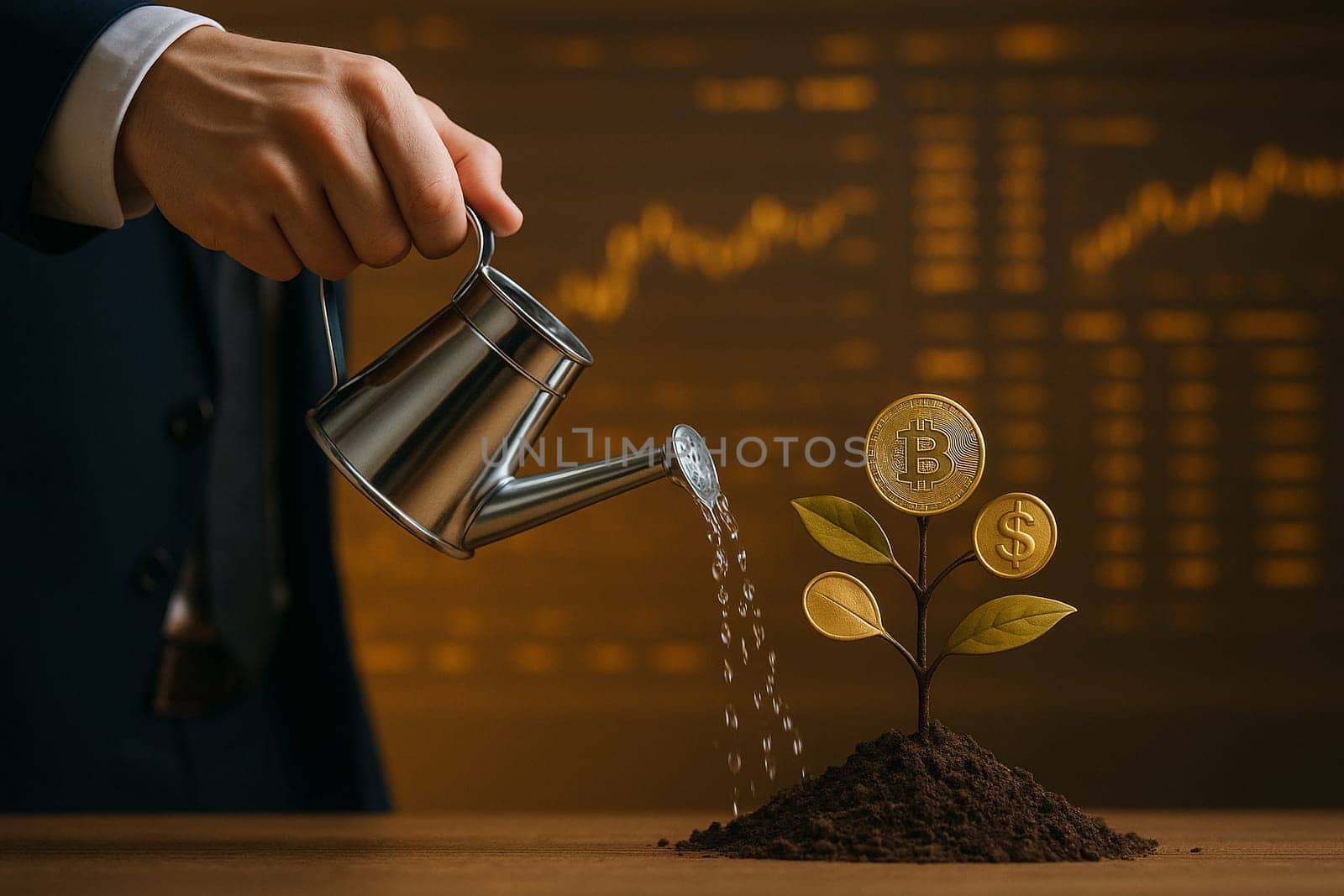 AI generated image of a businessman in suit watering a plant with coins as leaves representing bitcoin dollar and gold with a stock market background and futuristic golden digital light