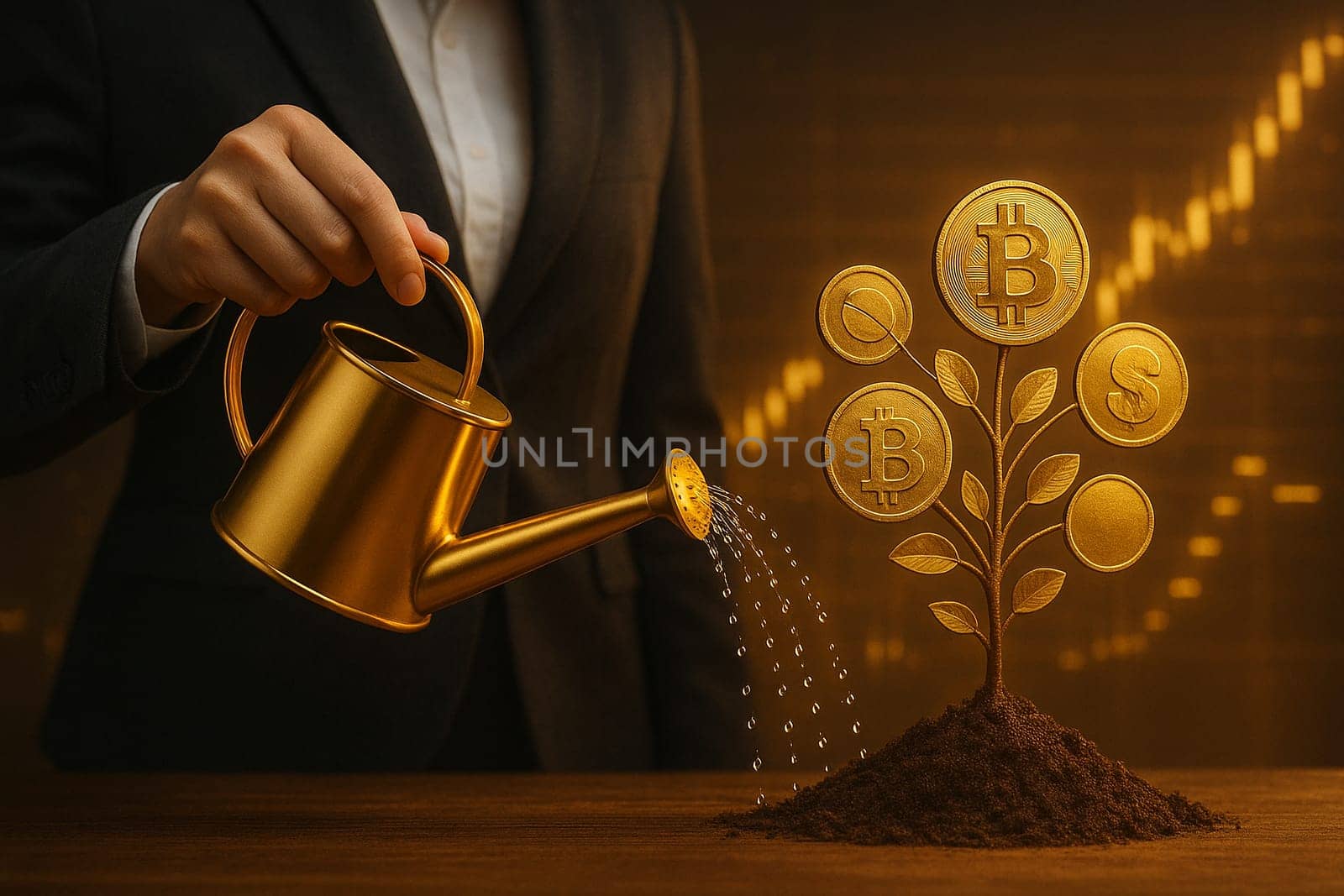 AI generated image of a suited person watering a money tree with bitcoin dollar and gold coin leaves symbolizing financial growth on a futuristic stock market background