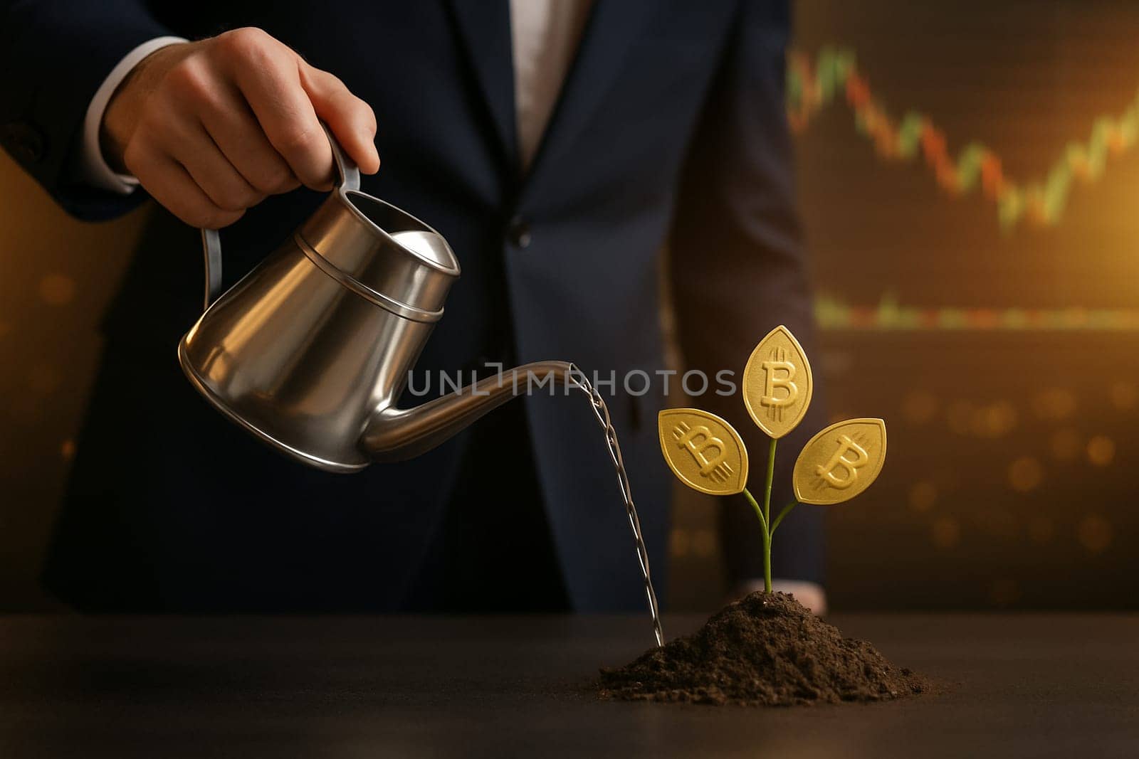 AI generated image of a man in suit watering crypto coin tree on soil with stock market board background low light