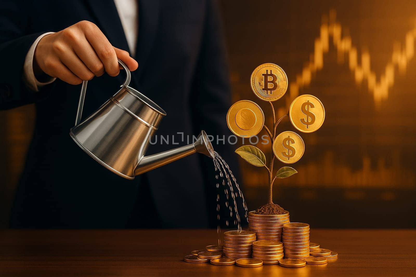 AI generated image of a person in a suit watering a coin tree sprouting from gold with bitcoin dollar and gold leaves set against a digital stock market background
