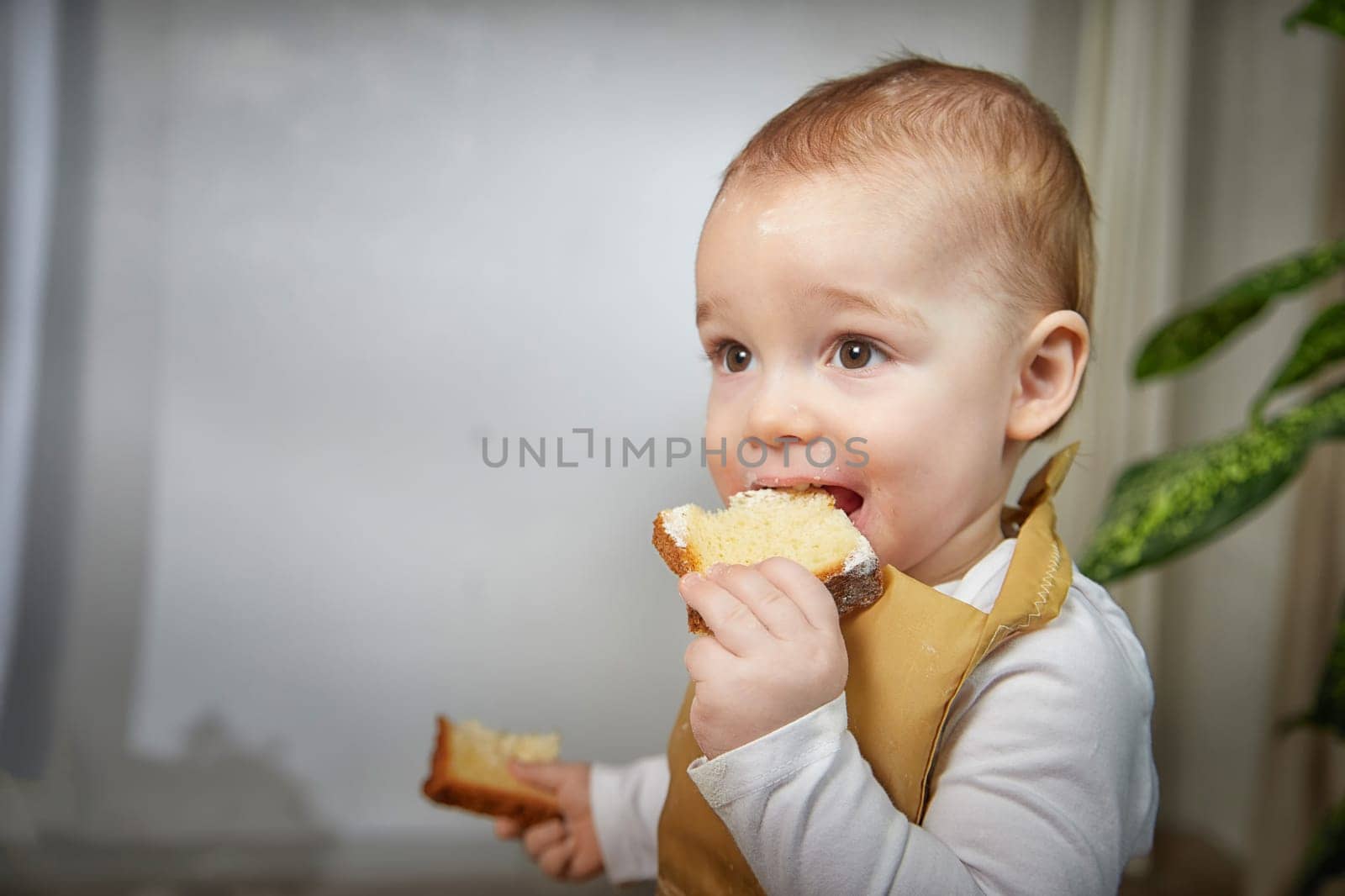 A young child comfortably seated in a high chair takes a bite of bread, showcasing a joyful moment during snack time.