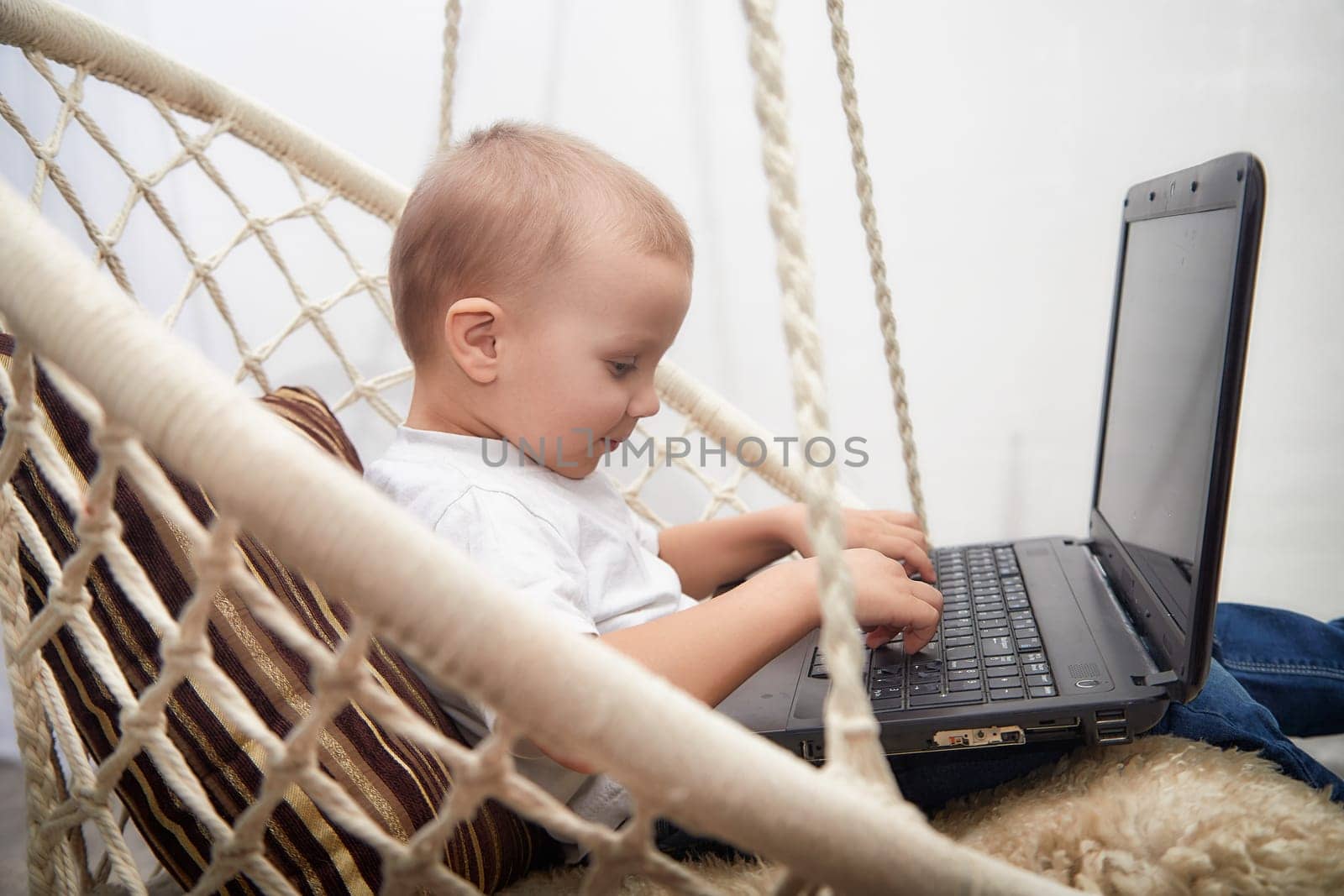 Child engages with a laptop while seated in a cozy hammock, enjoying a relaxed atmosphere indoors during the afternoon.