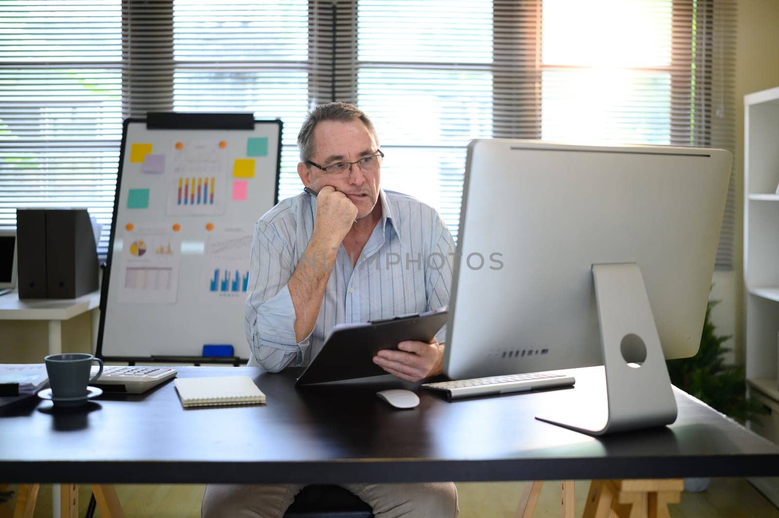 Mature businessman analyzing data on desktop computer in modern home office.
