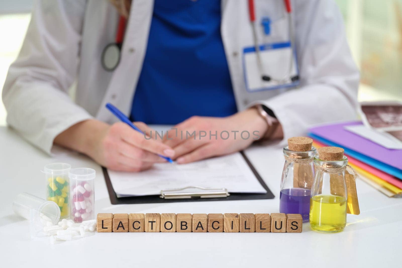A diligent scientist in a lab coat meticulously studies Lactobacillus using colorful solutions and detailed notes
