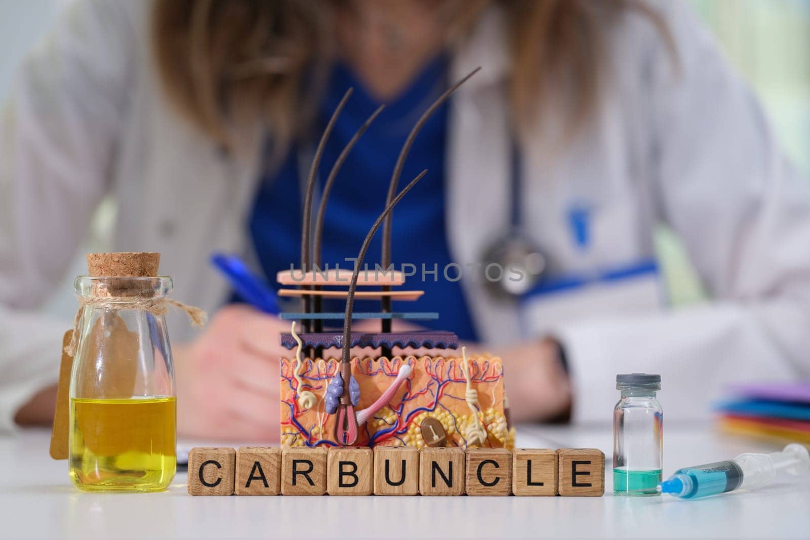 An informative visual representation of carbuncles displayed alongside medical tools in a clinical setting