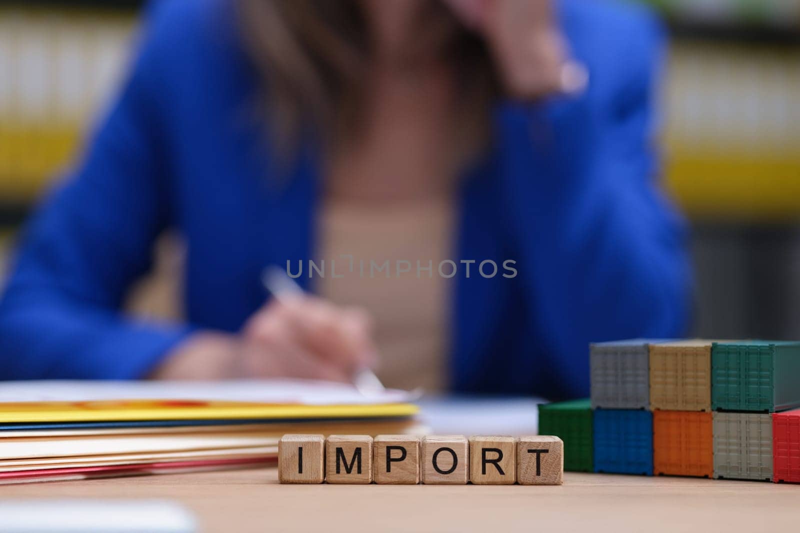 A detailed office scene illustrating the crucial significance of import documentation in the business world