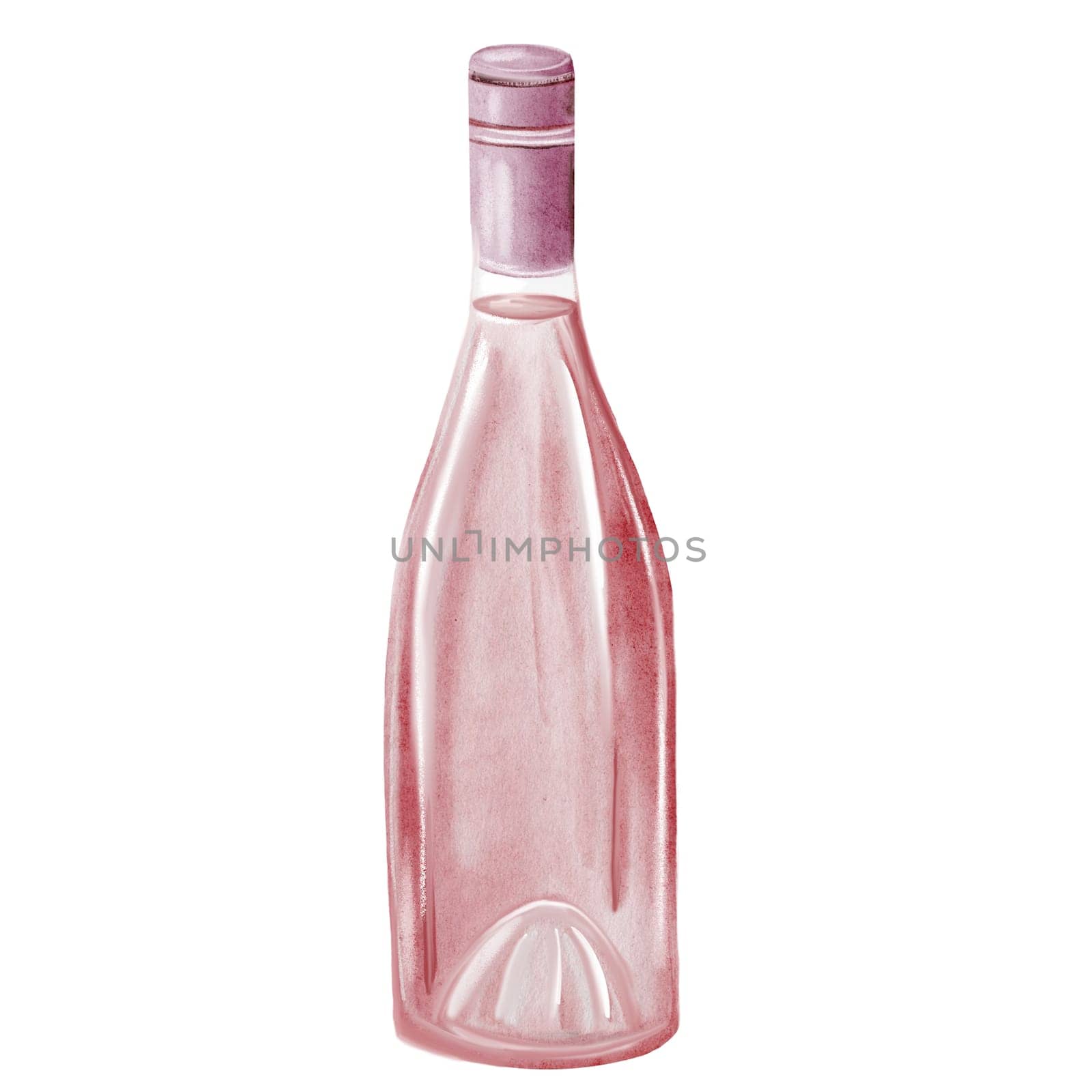 Wine bottle watercolor. Hand drawn pink alcoholic drink in glass. Clip art of drink. Ideal for advertising posters of bar and restaurant menu. High quality illustration