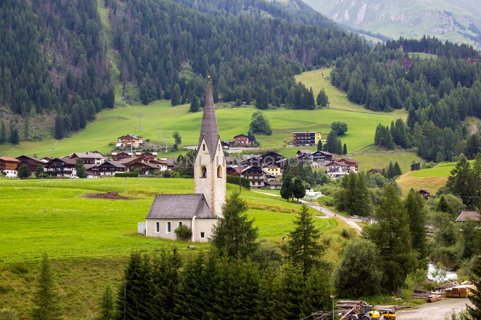 Landscape in Austrian Alps - Grossdorf with small church. Austria.