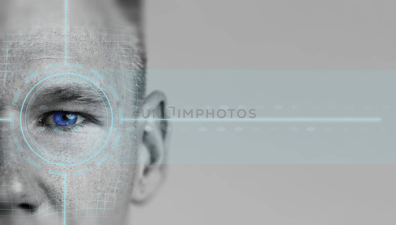 A detailed close-up highlights a human eye integrated with digital scanning technology. The futuristic design features blue details and grid patterns, representing biometric identification.