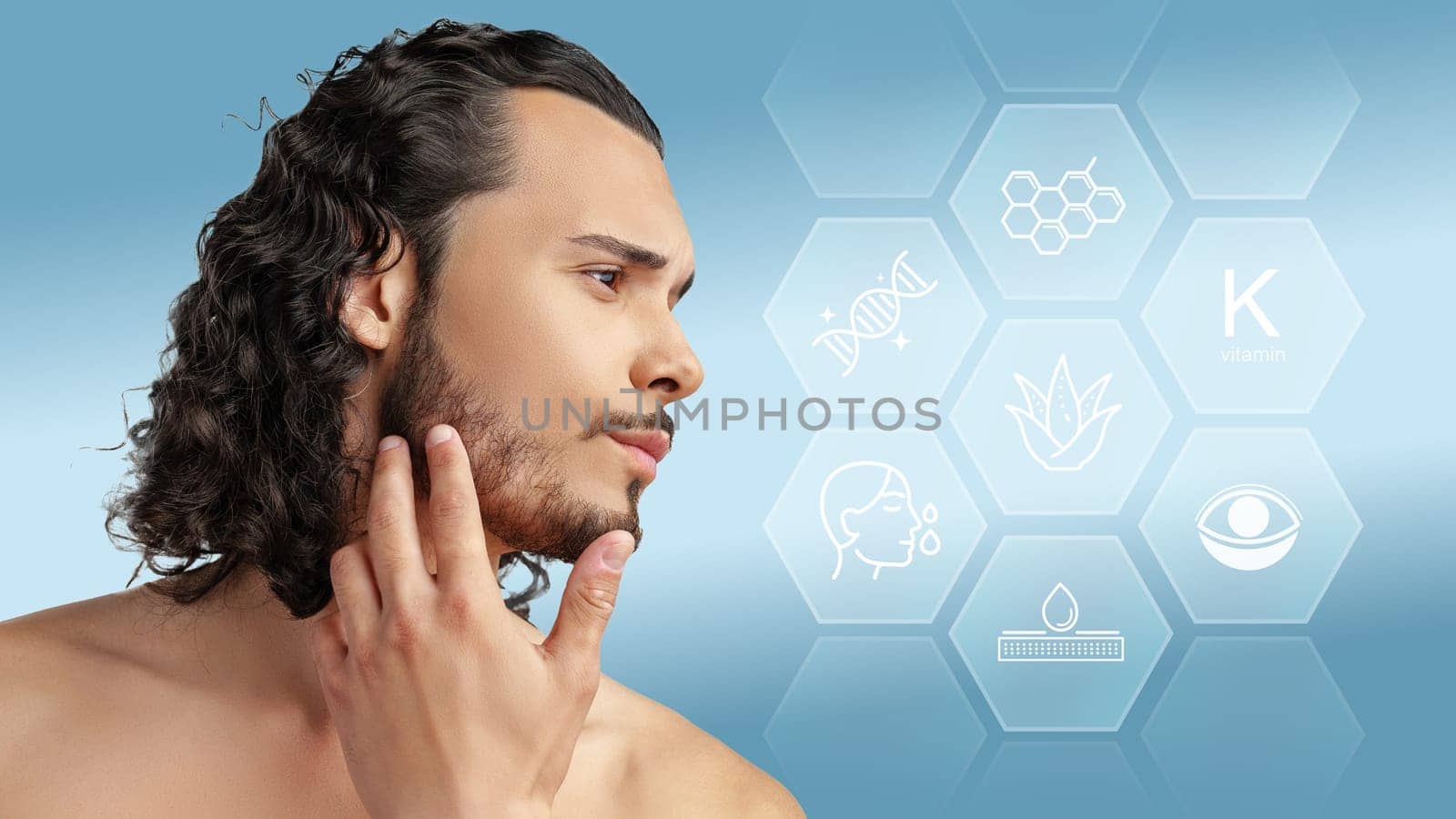 A man with curly hair touches his beard, thoughtfully considering his grooming and skincare options. Icons representing skincare ingredients are displayed behind him.