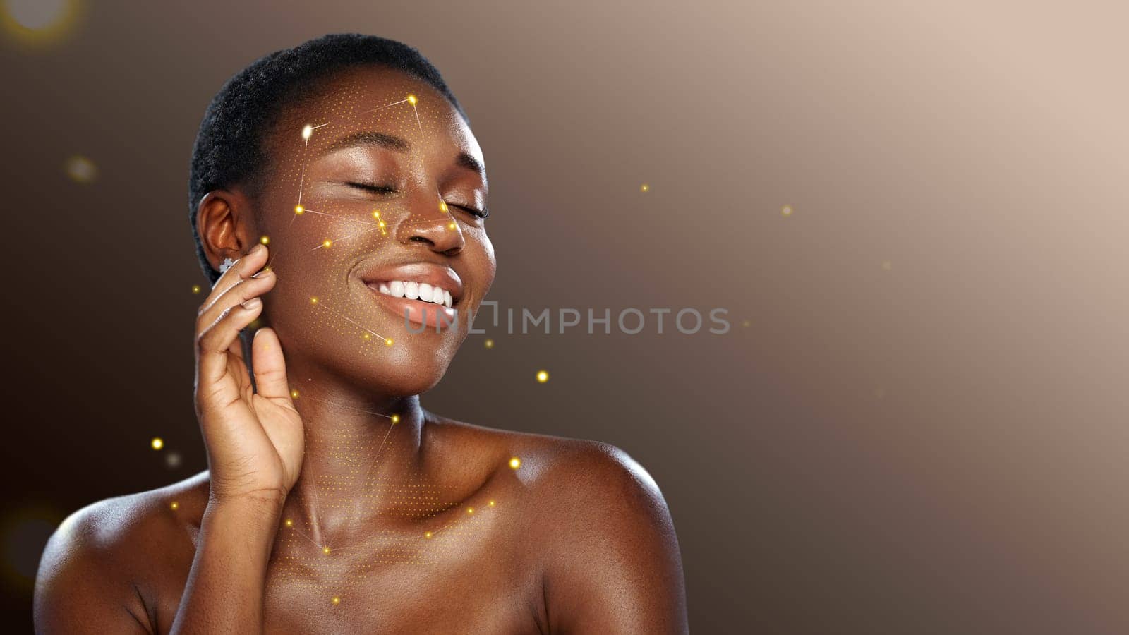 A young woman with short hair smiles radiantly while gently touching her face. Soft light illuminates her skin, enhancing natural beauty with sparkling effects in a calm setting.