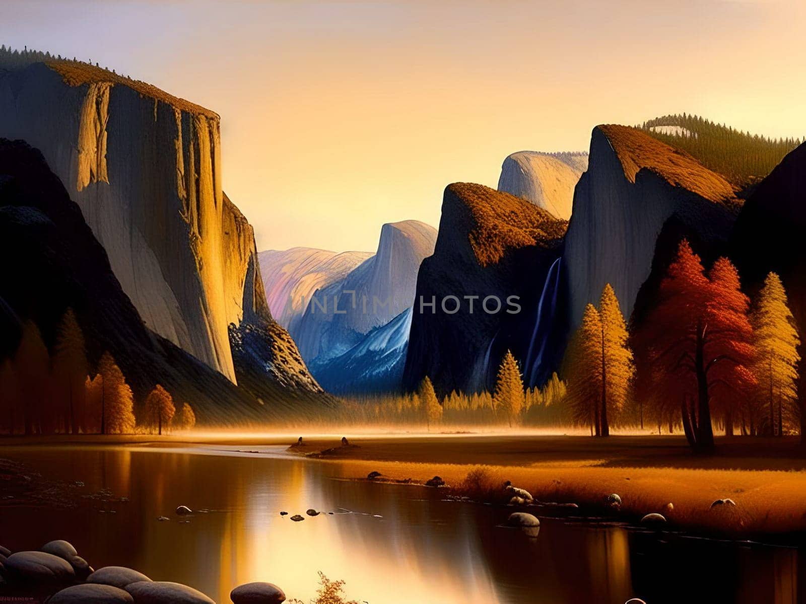 AI generated breathtaking panoramic landscape of the Yosemite Valley at dawn, with the Merced River winding through the valley floor. The sky is painted with soft pastel colors, casting a gentle glow across the granite cliffs. Photorealism rendering