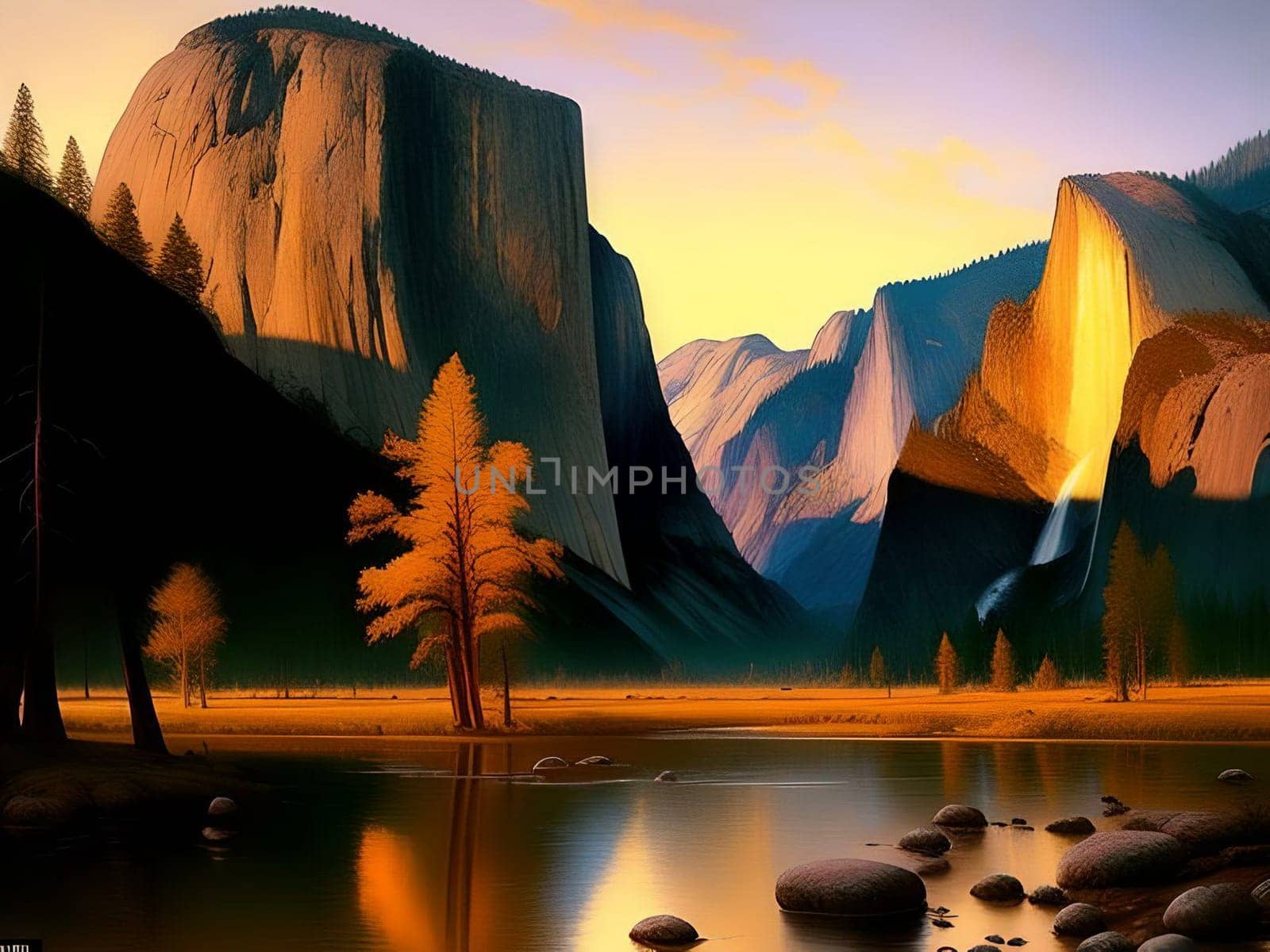 AI generated breathtaking panoramic landscape of the Yosemite Valley at dawn, with the Merced River winding through the valley floor. The sky is painted with soft pastel colors, casting a gentle glow across the granite cliffs. Photorealism rendering