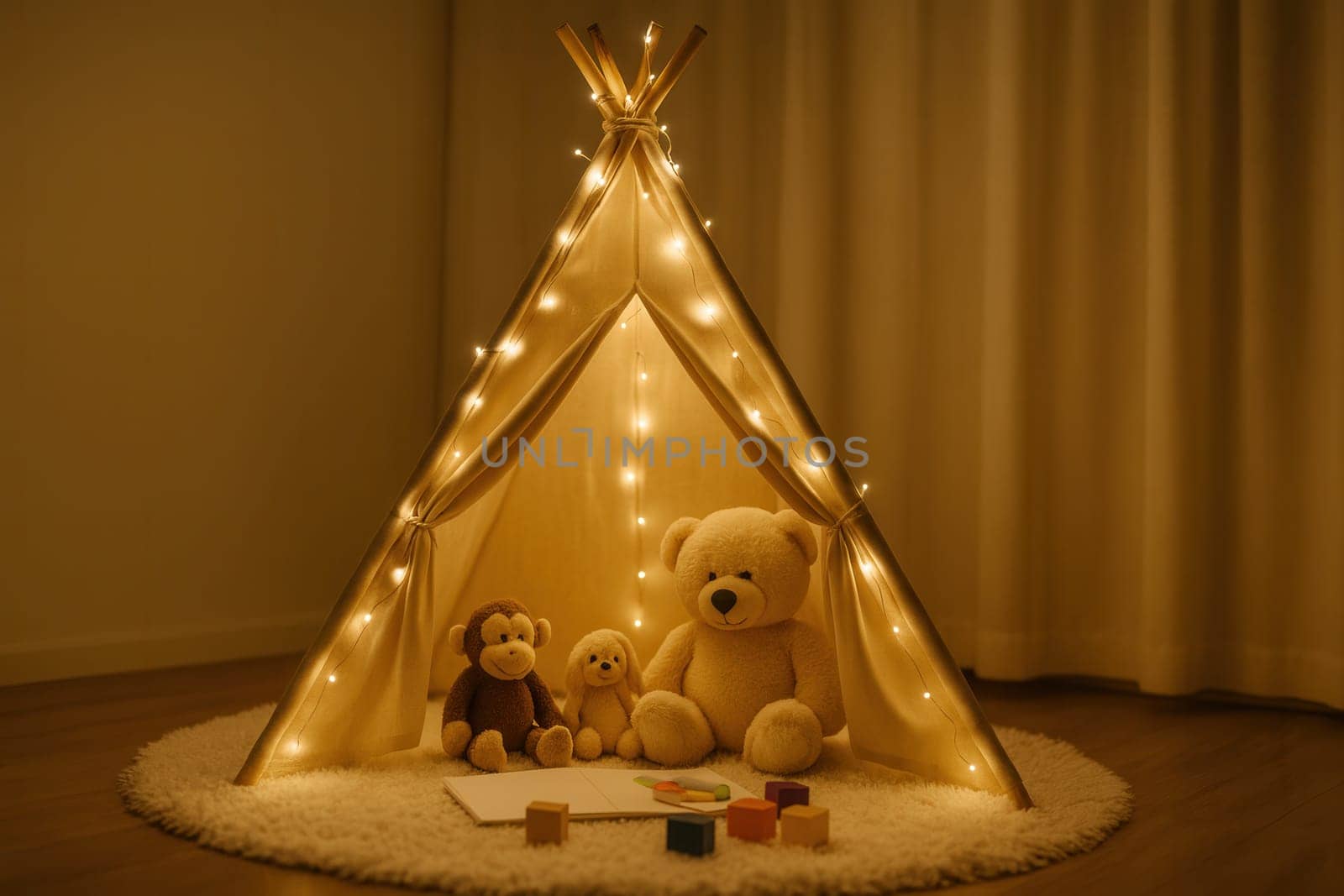 Warm and cozy nighttime scene with plush toys inside a kids' tent lit by glowing string lights. Ideal for childhood themes, sleepovers, or imaginative play visuals