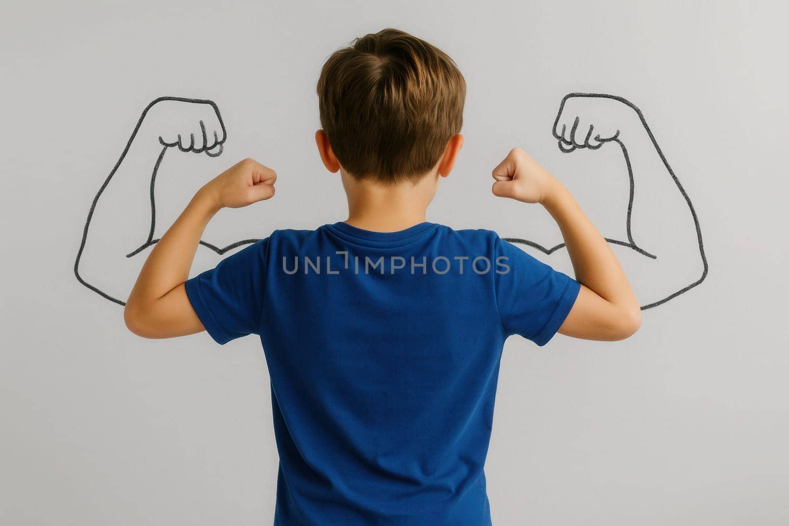 A boy in a blue shirt flexes his arms confidently as cartoon-style muscles are drawn on the wall behind. A creative and playful take on inner strength, imagination, and childhood empowerment