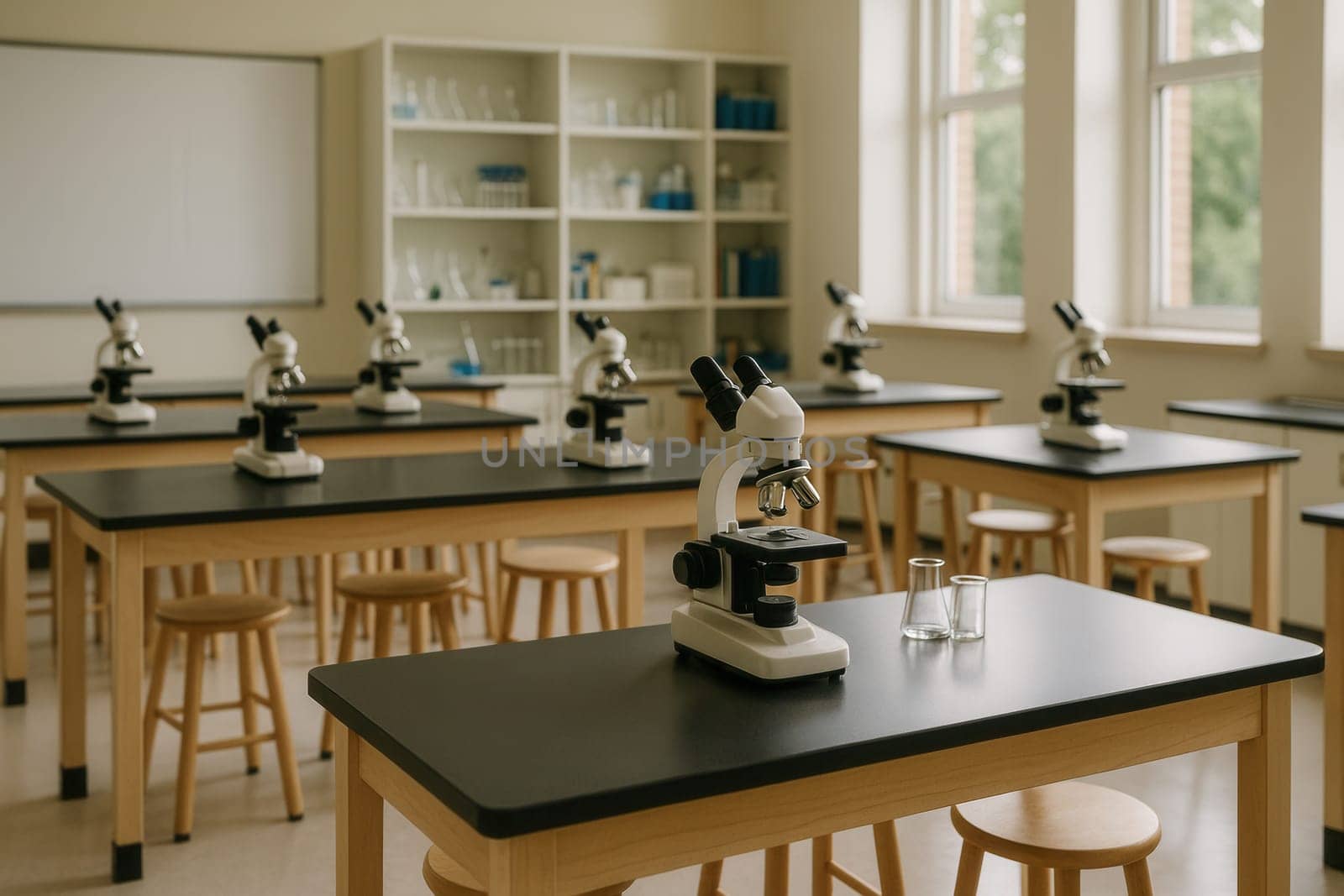 A modern science classroom filled with microscopes on wooden desks and natural light from windows. Perfect for educational themes, biology projects, STEM content, and school or lab visuals