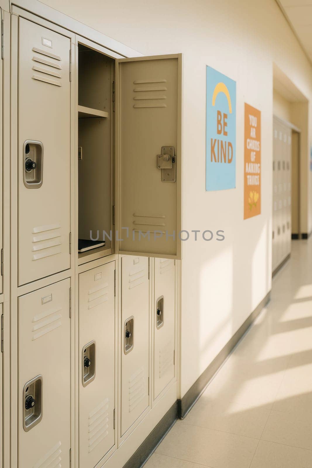 Open beige locker in a clean school hallway with sunlight and colorful motivational posters. Perfect for education, student life, back-to-school campaigns, or institutional design visuals