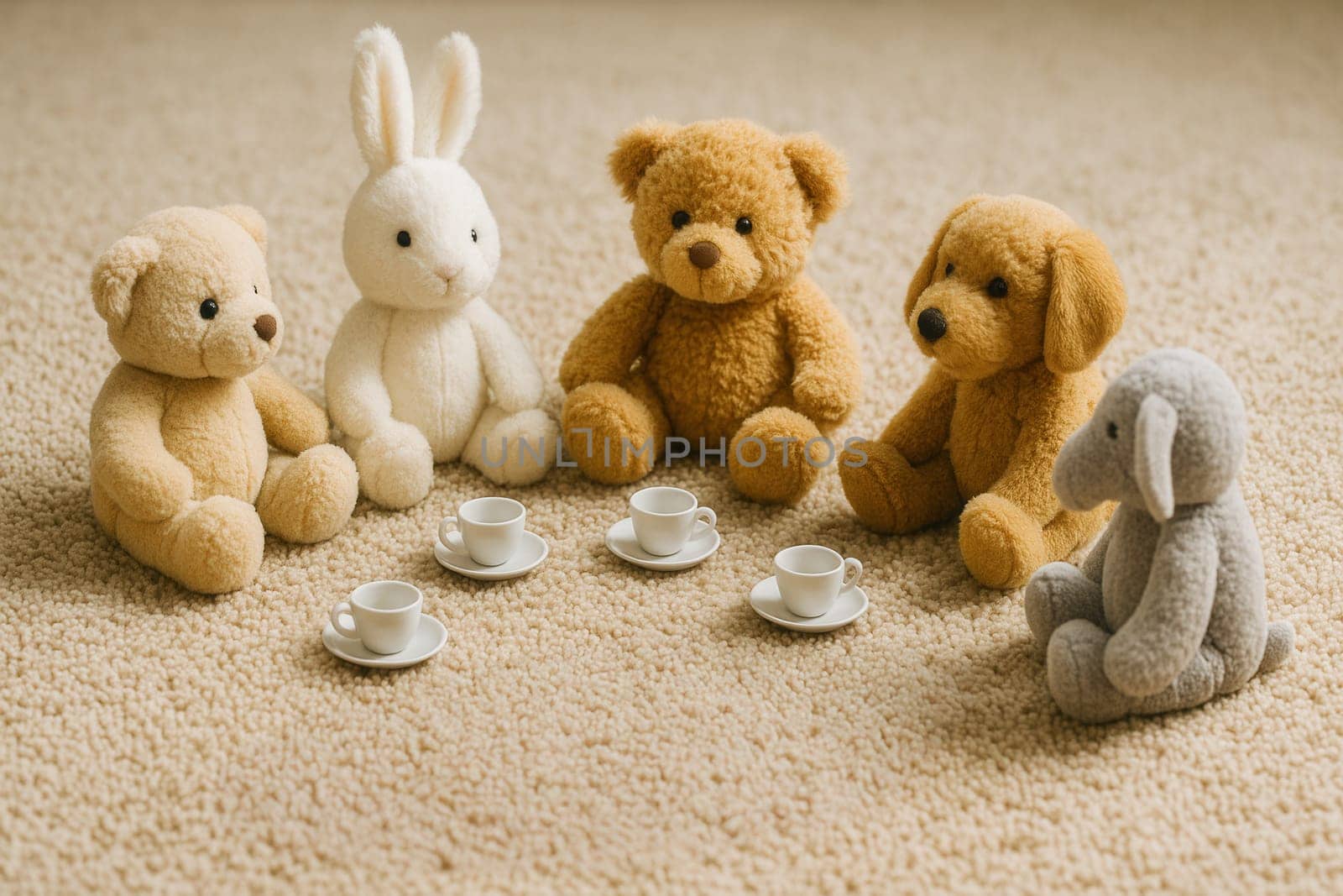 A charming tea party setup with stuffed animals sitting in a circle around toy teacups on a soft carpet. Ideal for children’s playtime, imagination themes, or nursery decoration visuals