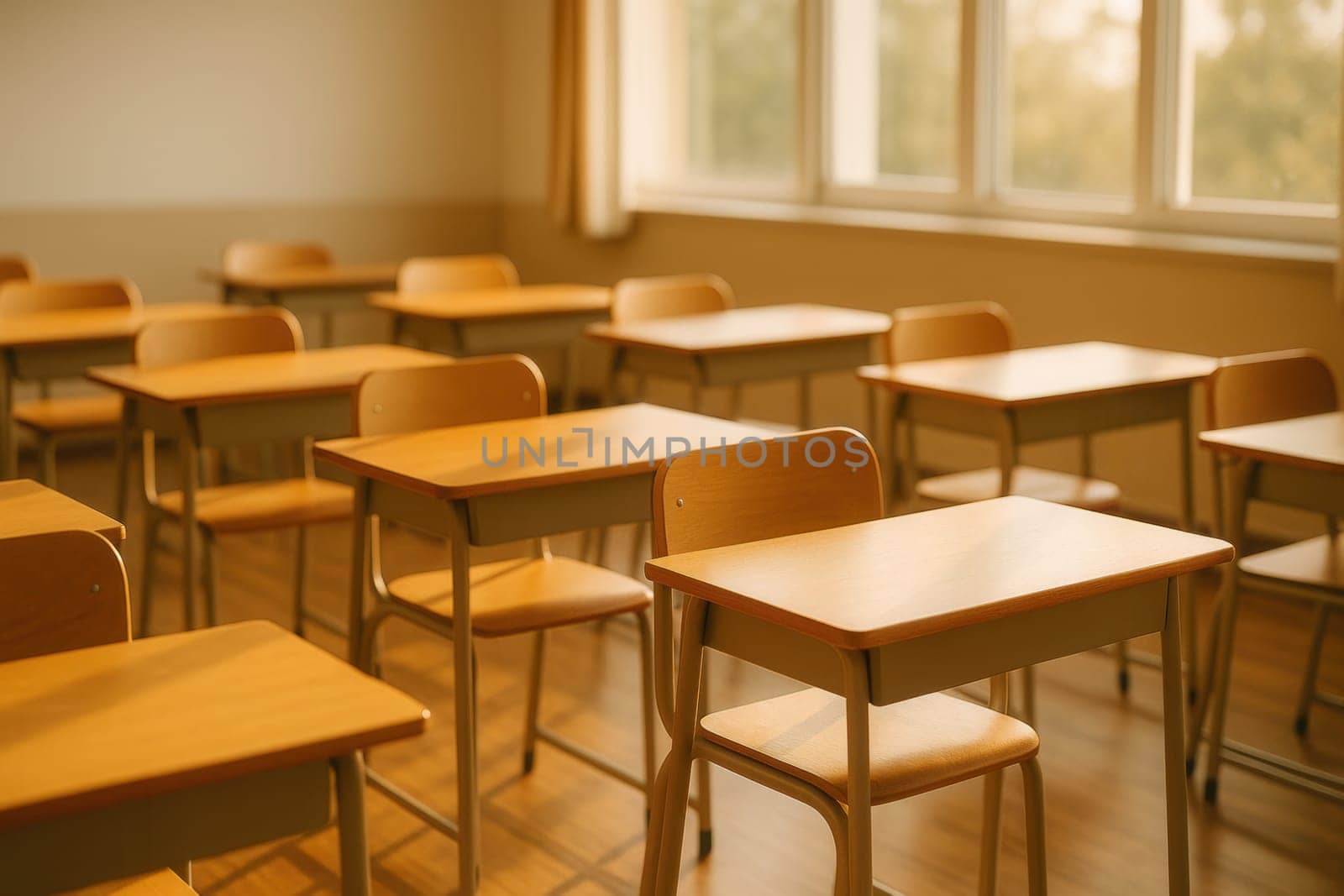 A quiet school classroom filled with wooden desks bathed in warm morning sunlight. Ideal for educational content, back-to-school visuals, learning concepts, or academic-themed projects