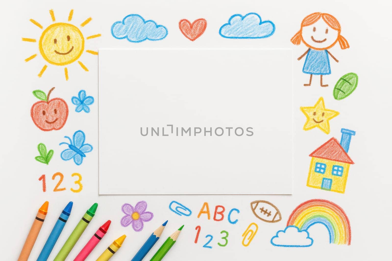Colorful childlike drawing frame with doodles of sun, clouds, rainbow, and school symbols on a white background. Ideal for educational materials, kids’ art themes, or playful learning visuals