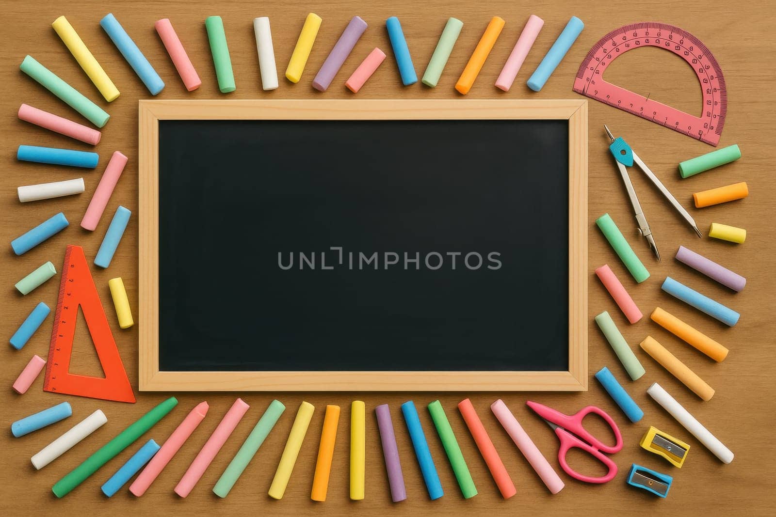 Empty blackboard with vibrant school supplies like chalk, scissors, rulers and math tools arranged on a wooden background. Ideal for educational materials, school ads and creative classroom visuals