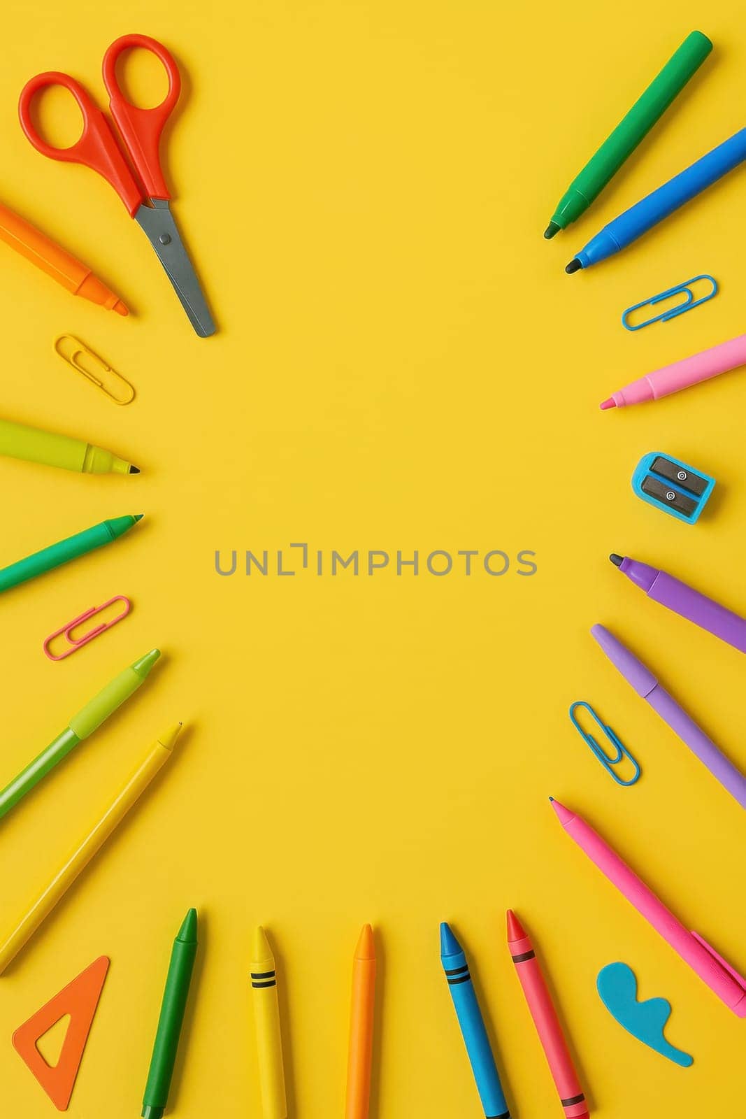 Colorful stationery items like pens, crayons, scissors, and clips arranged in a circular frame on yellow background. Perfect for school visuals, educational ads, or playful learning designs