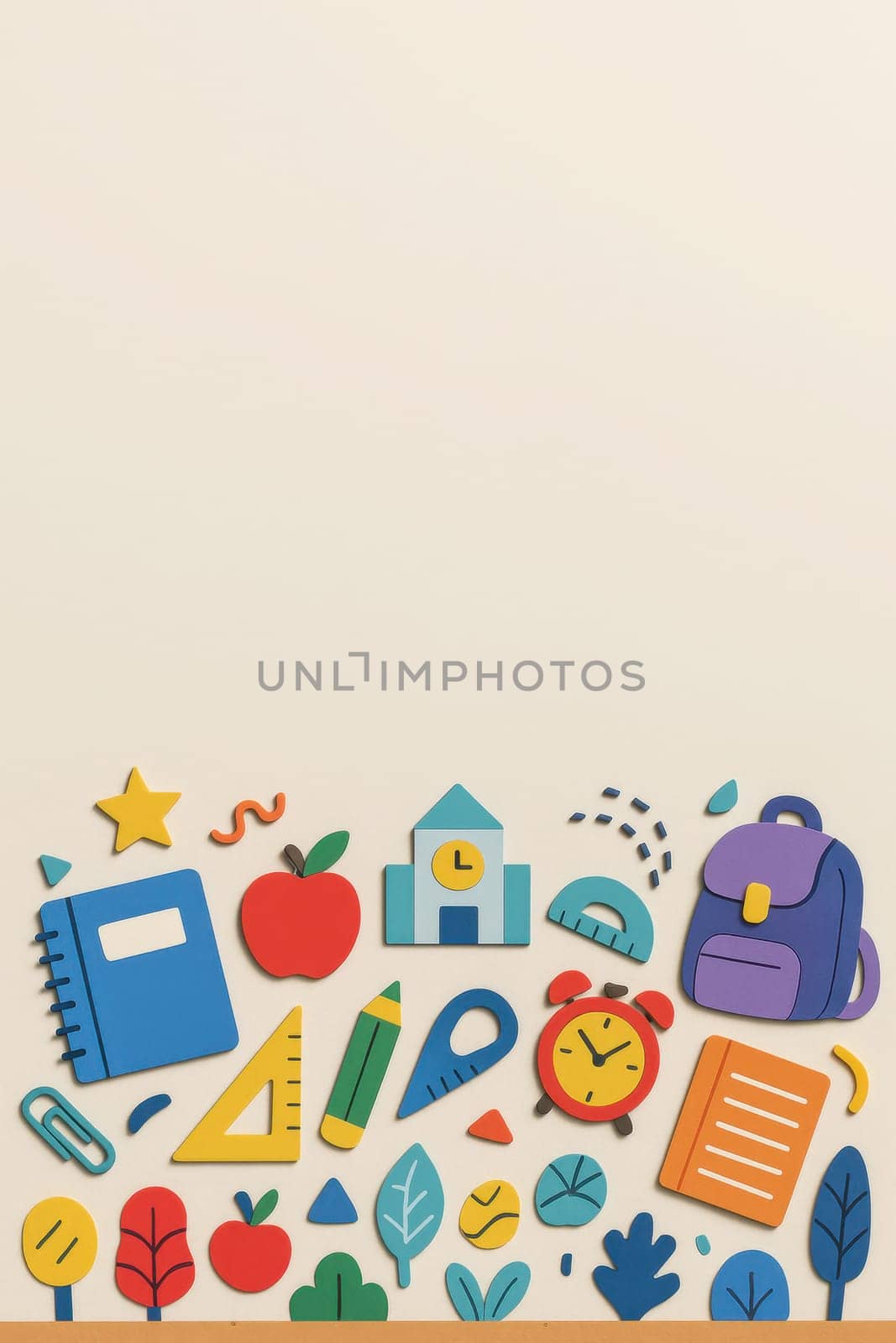 Flat lay of colorful school icons and supplies on beige background in modern minimal style. Perfect for back-to-school visuals, learning materials, kids' education projects, and web design