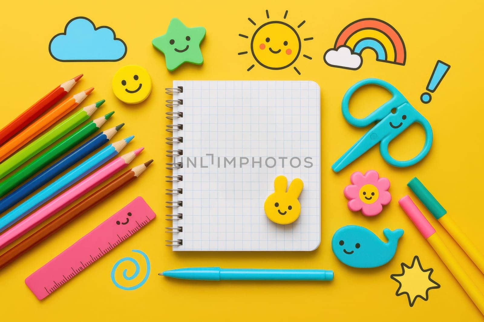 Cute school supplies and smiley stationery items arranged on a bright yellow background. Ideal for educational visuals, kids’ learning projects, school ads, and colorful back-to-school themes