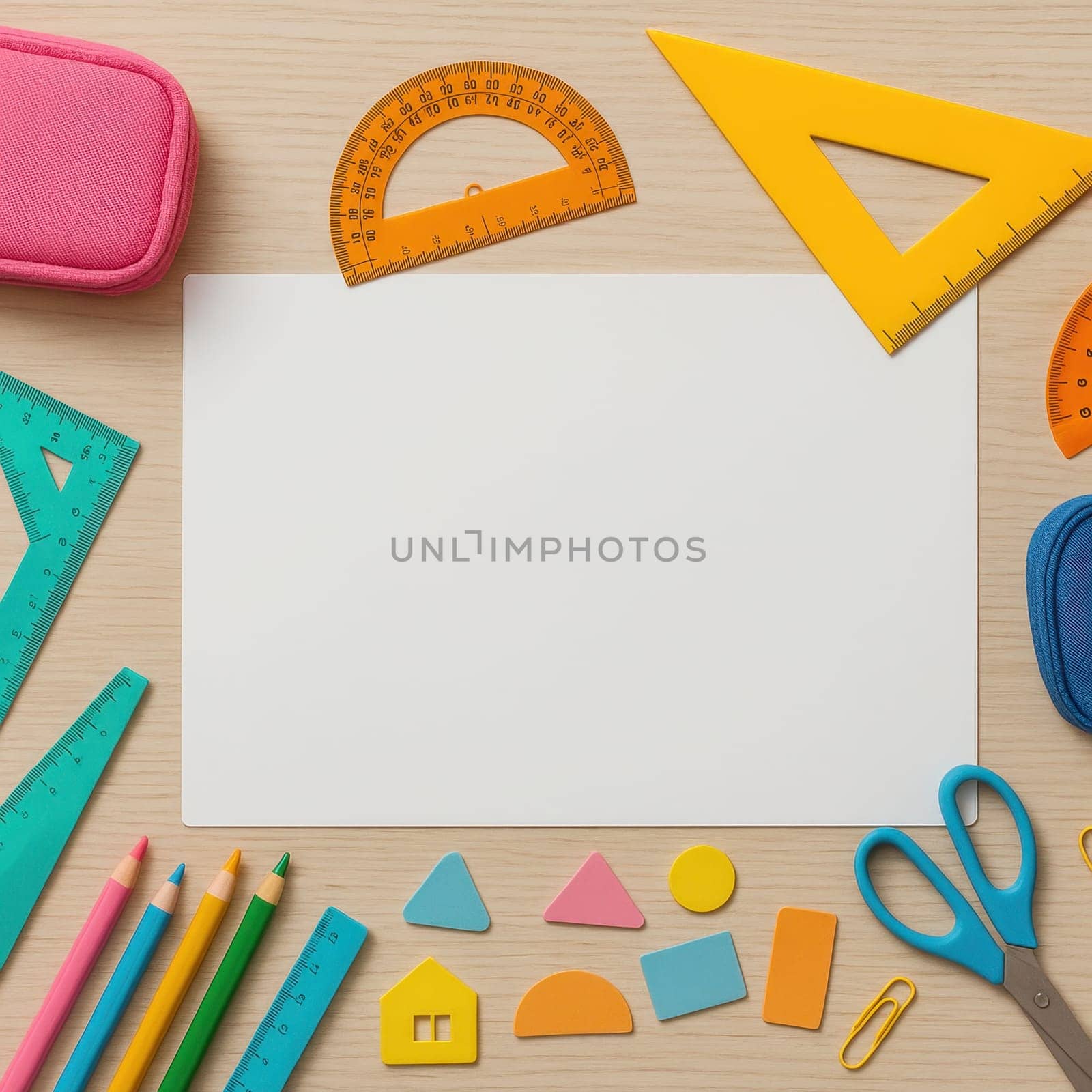Flat lay of colorful geometry tools, rulers, scissors, and pencils arranged on a wooden background. Perfect for classroom content, school advertisements, or educational design projects