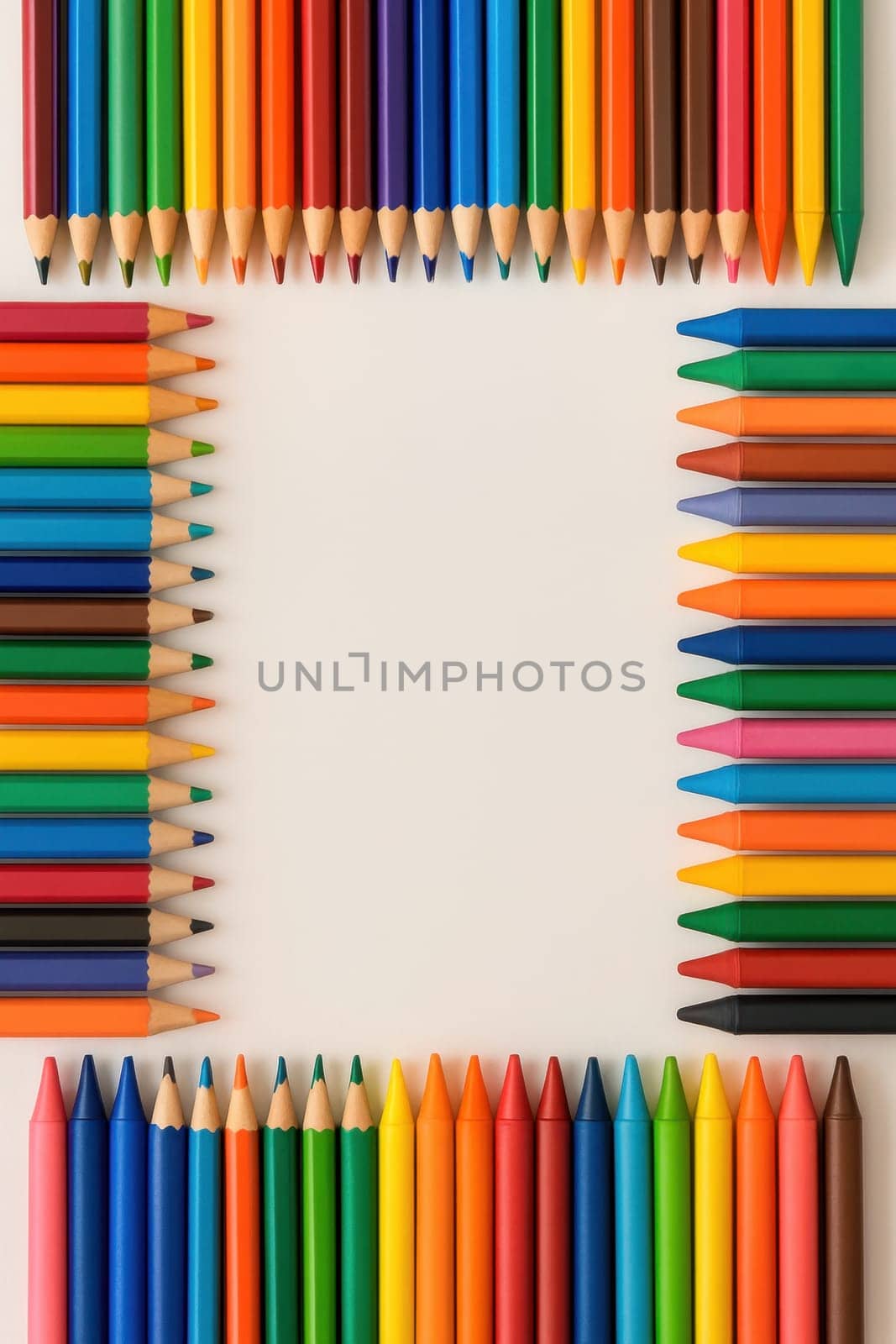Colorful vertical layout of sharpened pencils and wax crayons forming a border on beige background with copy space in the middle. Great for school, art, or back-to-school visuals