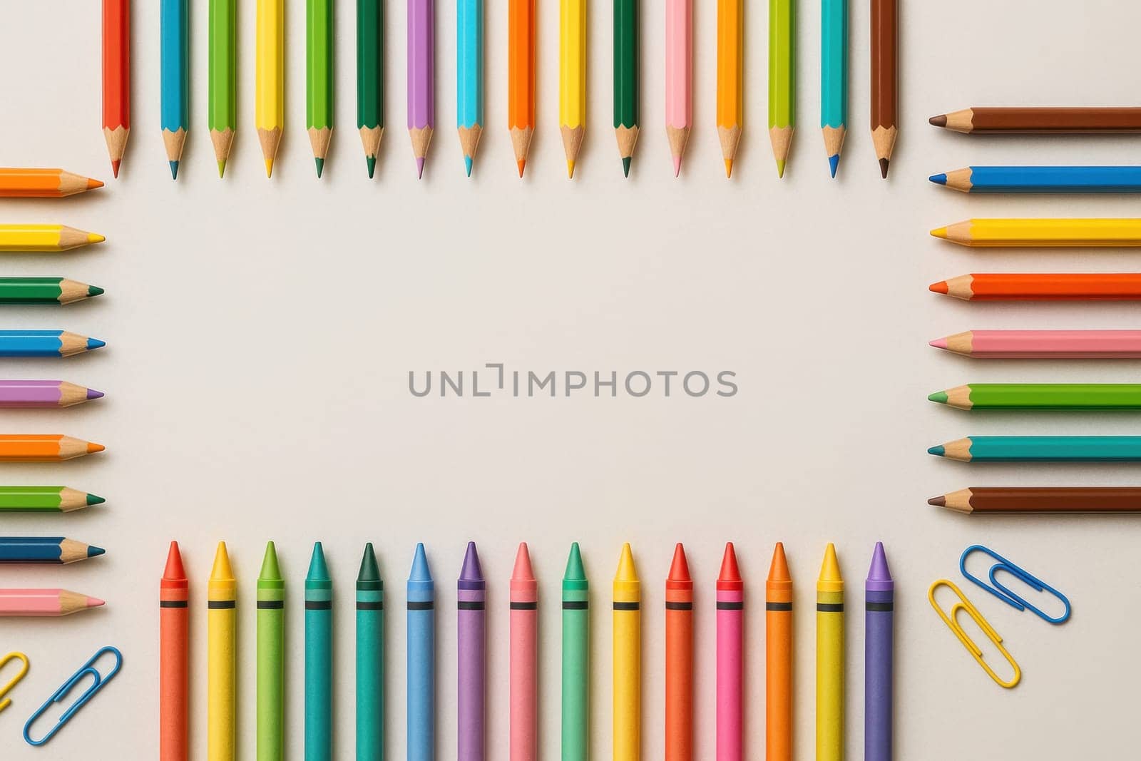 Multicolored pencils and wax crayons form a horizontal frame with central copy space on a light neutral background. Perfect for educational materials, school promotions, and creative projects
