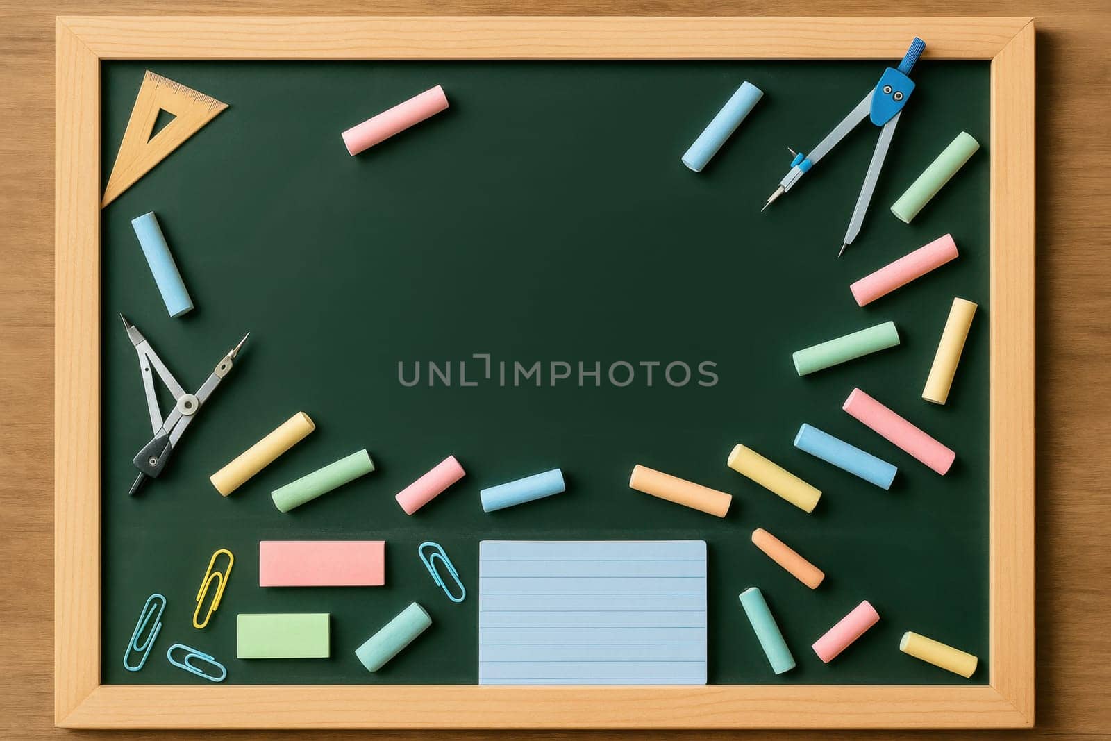 Top view of a school chalkboard surrounded by colorful chalks, drawing compasses, and small stationery items. Perfect for classroom content, back-to-school promotions, or learning visuals