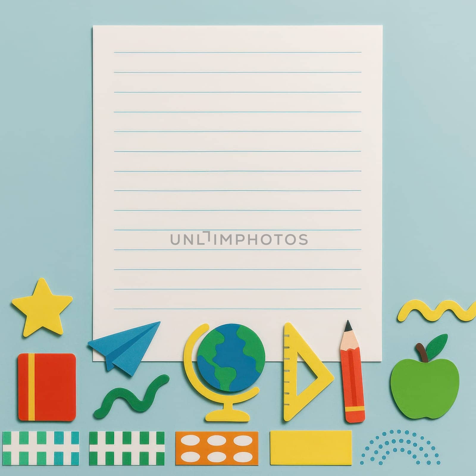 Top view of colorful school-themed icons including a globe, pencil, triangle ruler, and apple under a notebook sheet on blue background. Great for educational visuals and learning resources