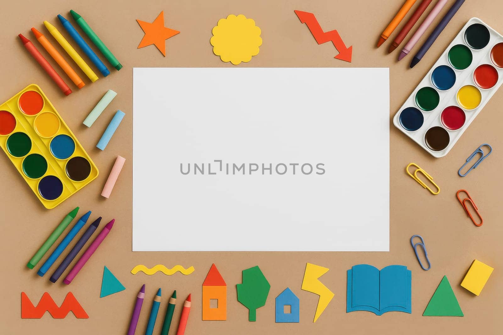 Creative flat lay with colorful pencils, crayons, paints, and paper decorations around a white sheet on brown background. Perfect for kids' projects, education, or back-to-school themes