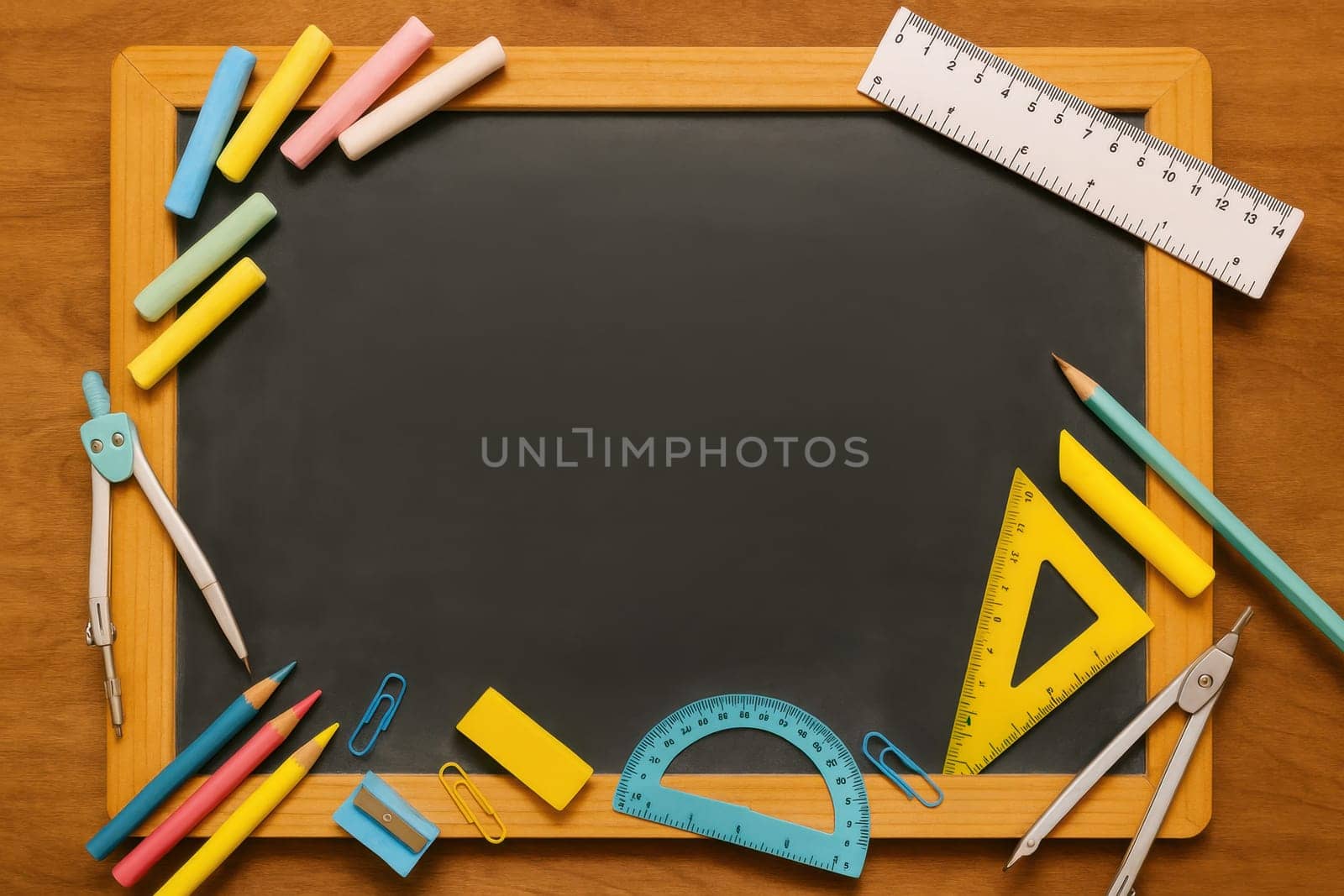 Classic blackboard surrounded by colorful chalks, rulers, compasses, pencils, and school accessories on a wooden table. Ideal for back-to-school content, education, and classroom visuals