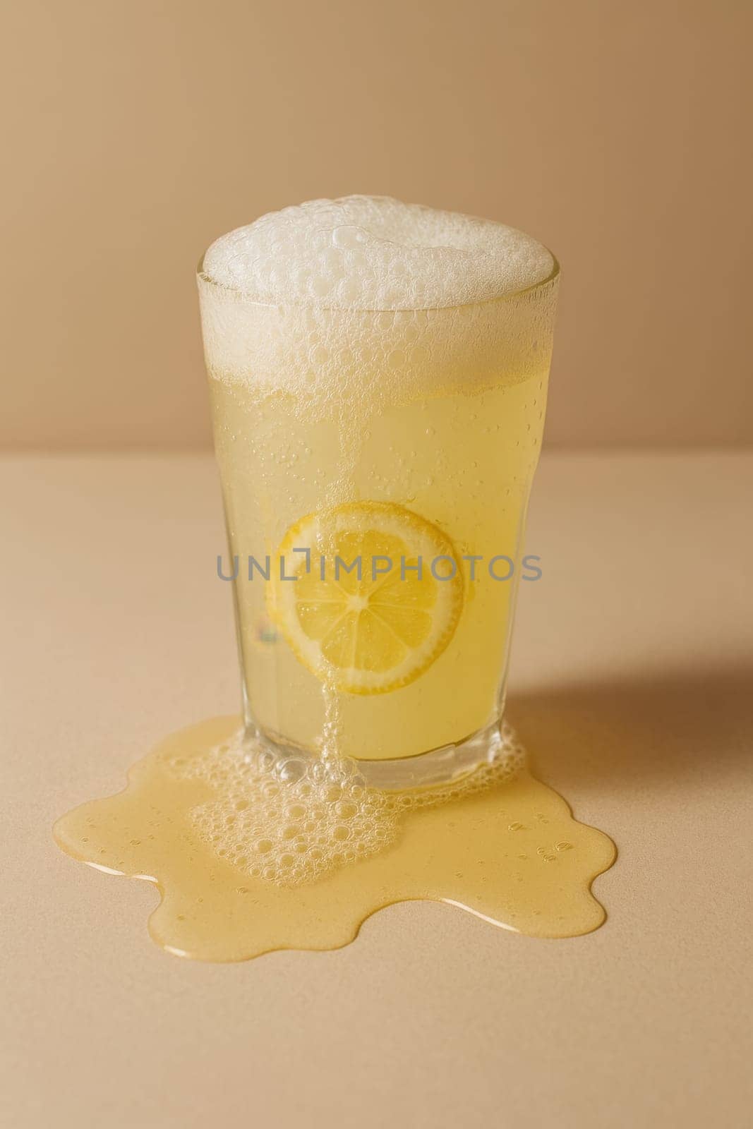 A fizzy glass of lemonade overflowing with foam and a lemon slice on a beige background. Great for refreshing drink visuals, summer designs, and beverage advertisements