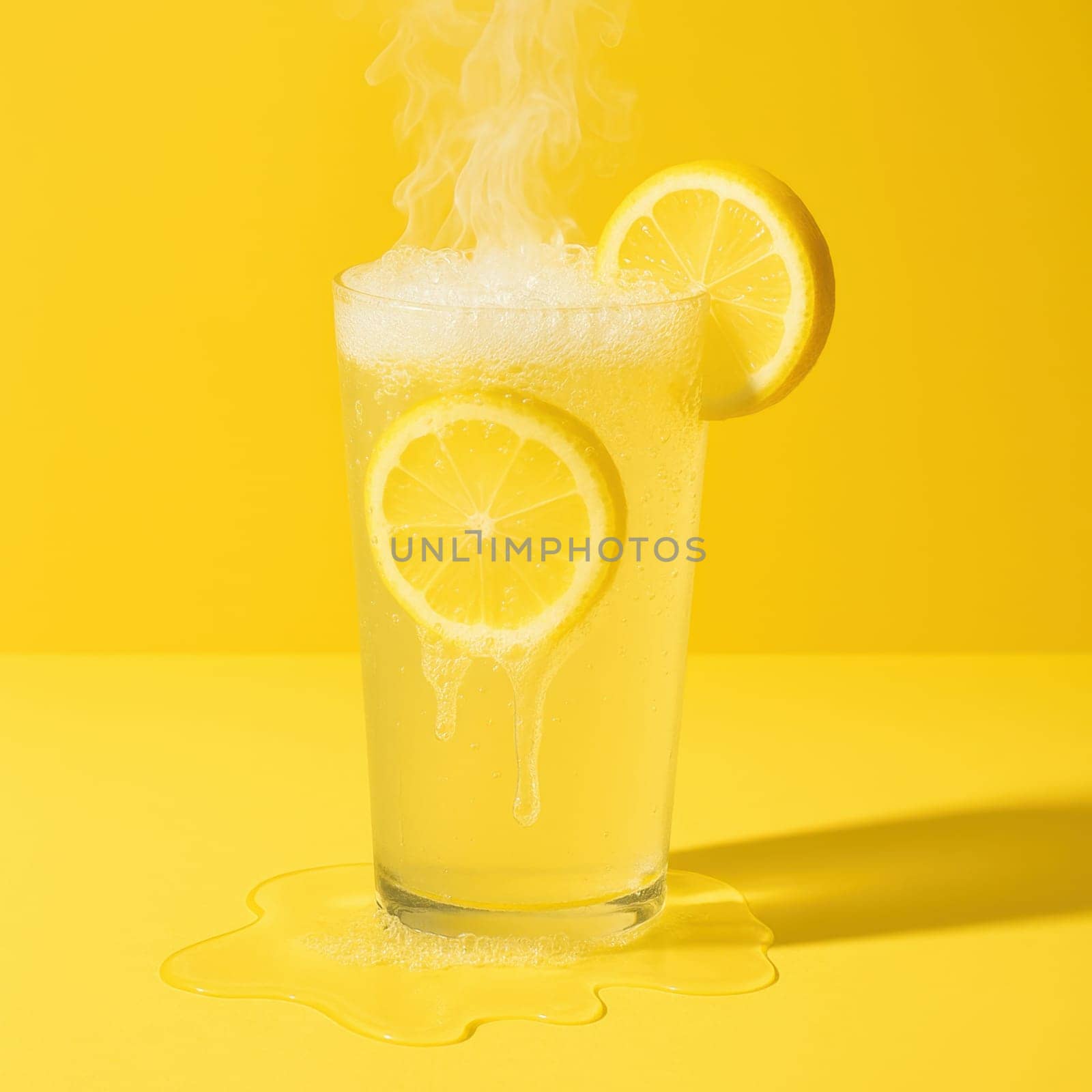 A fizzy lemon soda steaming in a clear glass with slices of lemon, placed on a vivid yellow surface. Perfect for creative ads, beverage campaigns, or conceptual summer-themed visuals
