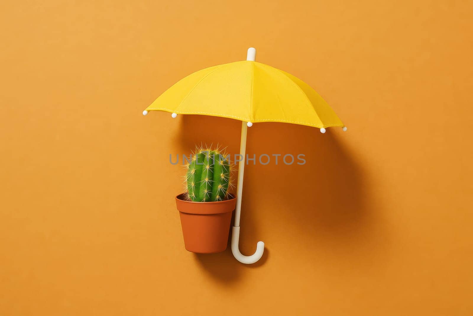 Minimalist conceptual image of a cactus in a flowerpot shielded by a yellow umbrella on an orange background. Great for illustrating climate protection, summer themes, and abstract creative ideas.